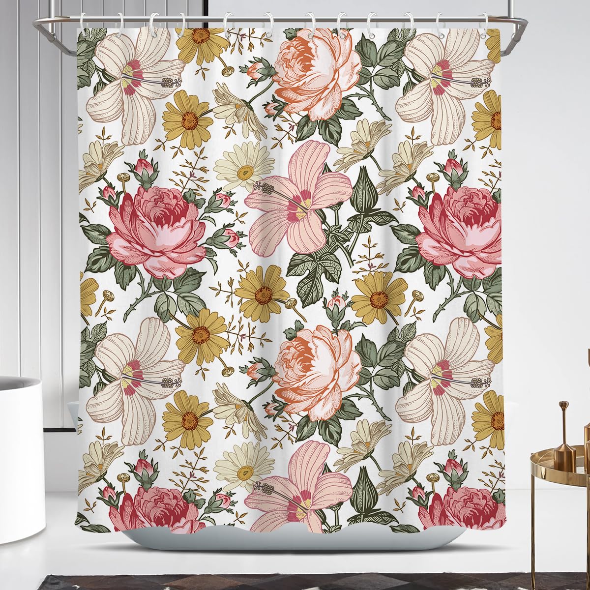 Coxila Pink Floral Shower Curtain Boho Vintage Flower Retro Colorful Girls Botanical White Green Yellow Cottagecore Women Plant Spring Summer Rustic