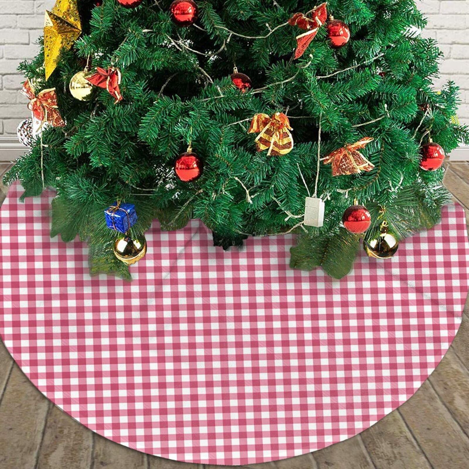 Classic Red Gingham Plaid Pattern Christmas Tree Skirt 30" Round Winter Snow Suitable for Christmas, Christmas, Halloween, Party Decoration Occasions