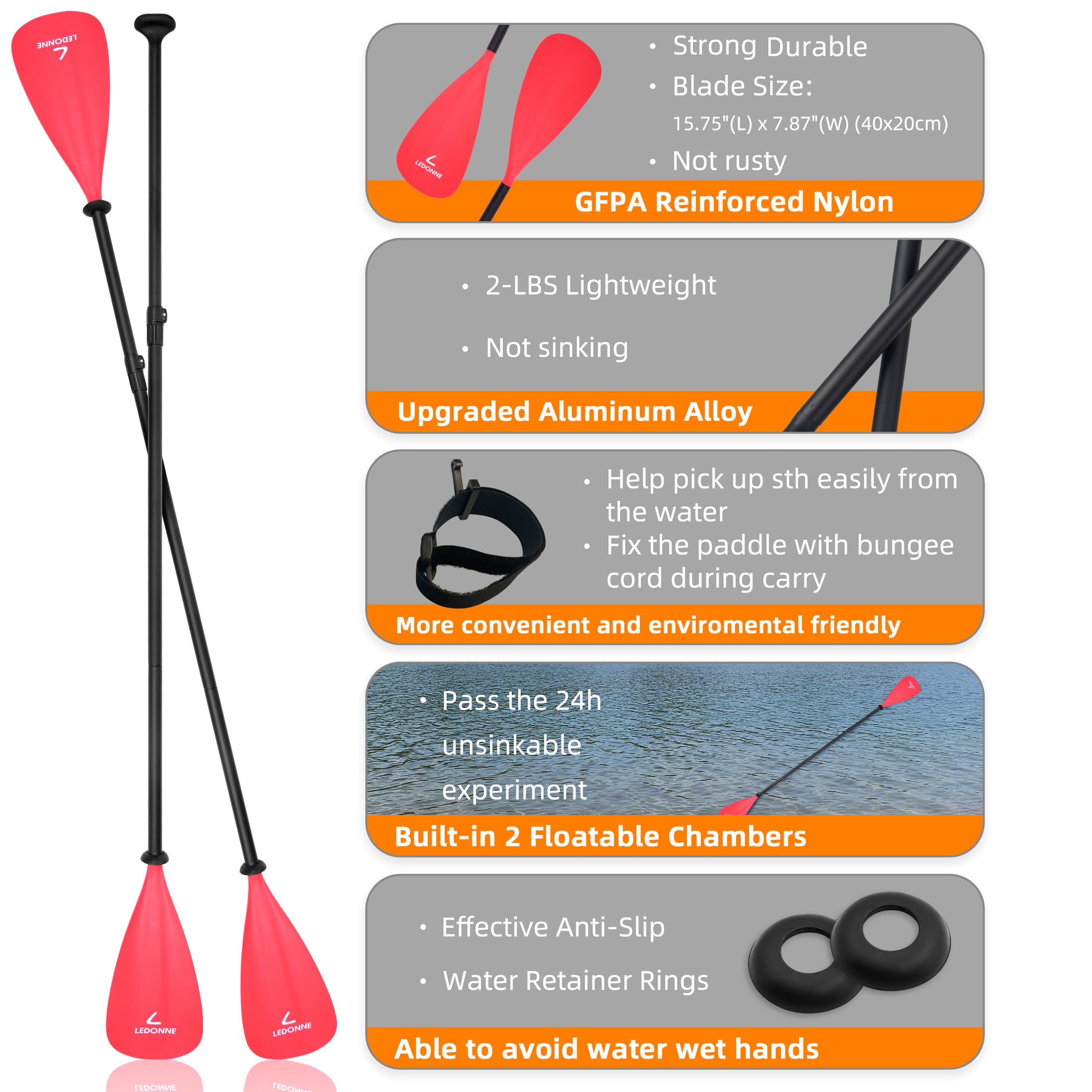 LEDONNE Verstellbares Kajak-Paddel, SUP-Paddel, 4-teilig, schwimmend, leicht, tragbar, Legierung, Paddleboard, Ruder mit 2 Nylonklingen mit Aufkleber & Haken und Tropfring zum Surfen, schwimmender