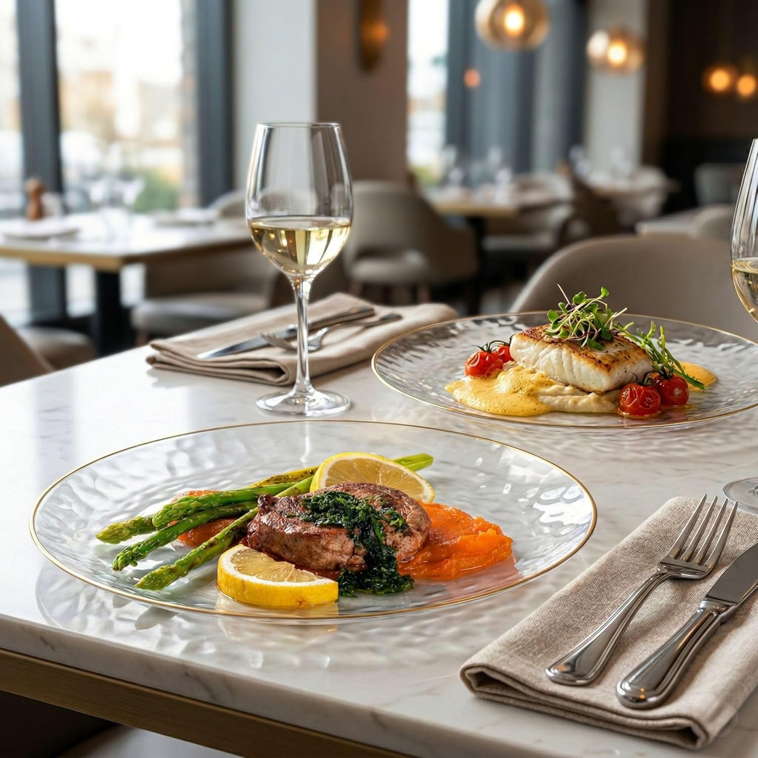 Restaurantware Moderna 10 Inch Premium Disposable Plates 200 Durable Plastic Plates For Parties - Gold-rimmed Heavy-duty Clear Plastic Dinner Plates For Warm And Cold Foods Ideal For Restaurants