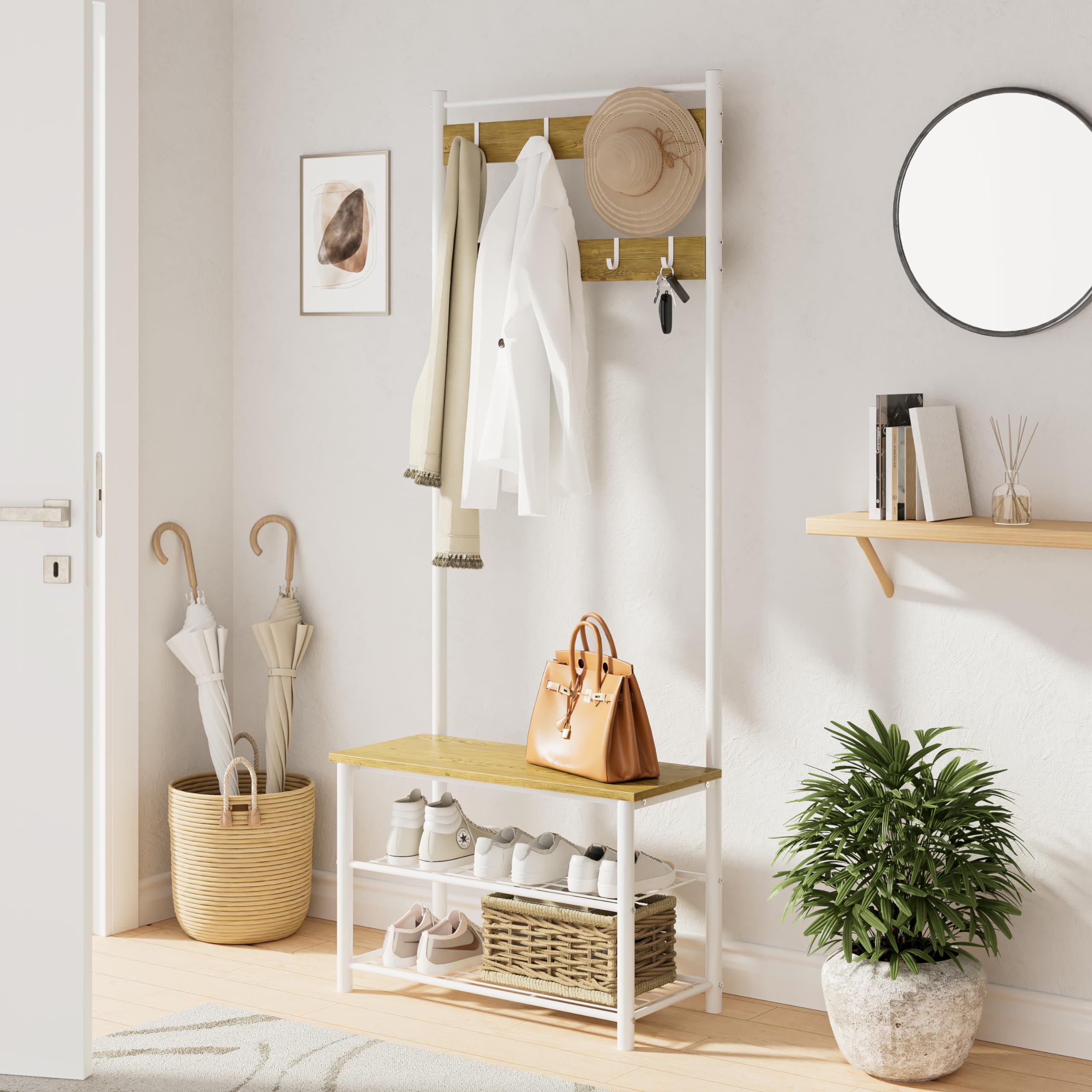 HEYZOEY Coat Stand, Coat Rack with Shoe Storage, 3-in-1 Freestanding Wooden Coat Rack with Shoe Bench and ShoeRack, 3-Tier Shelf and 4 Removable Hooks, White โ image 1