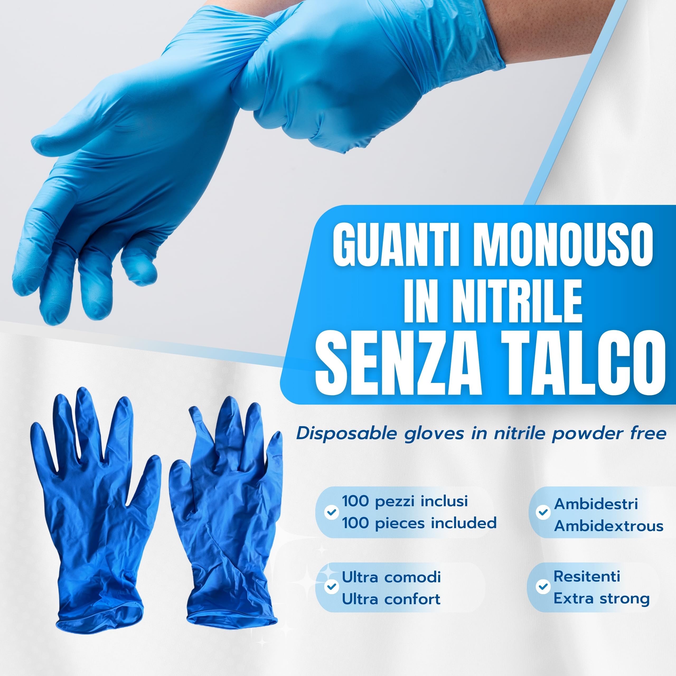 Bottari Guanti in Nitrile Monouso Blu, Senza Talco, Confezione da 100 Pezzi, Taglia XL, Anallergici, Resistenti