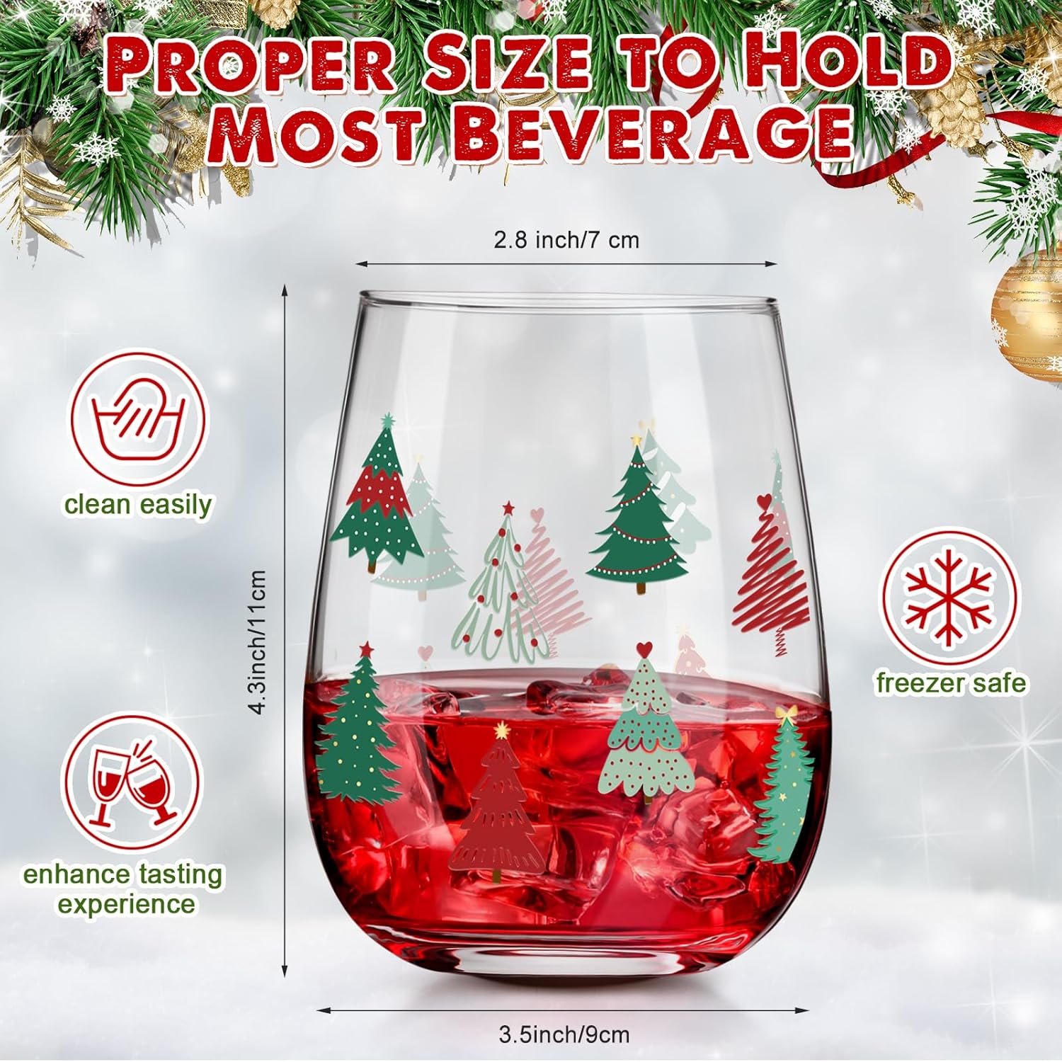Maxcheck 10 Pcs Christmas Winter Wine Glass Cup, 17 oz Stemless Glasses with Christmas Design Birthday Gift for Friends Family Coworkers Winter Wedding Present Holiday Party Gift(Red Green,Tree)