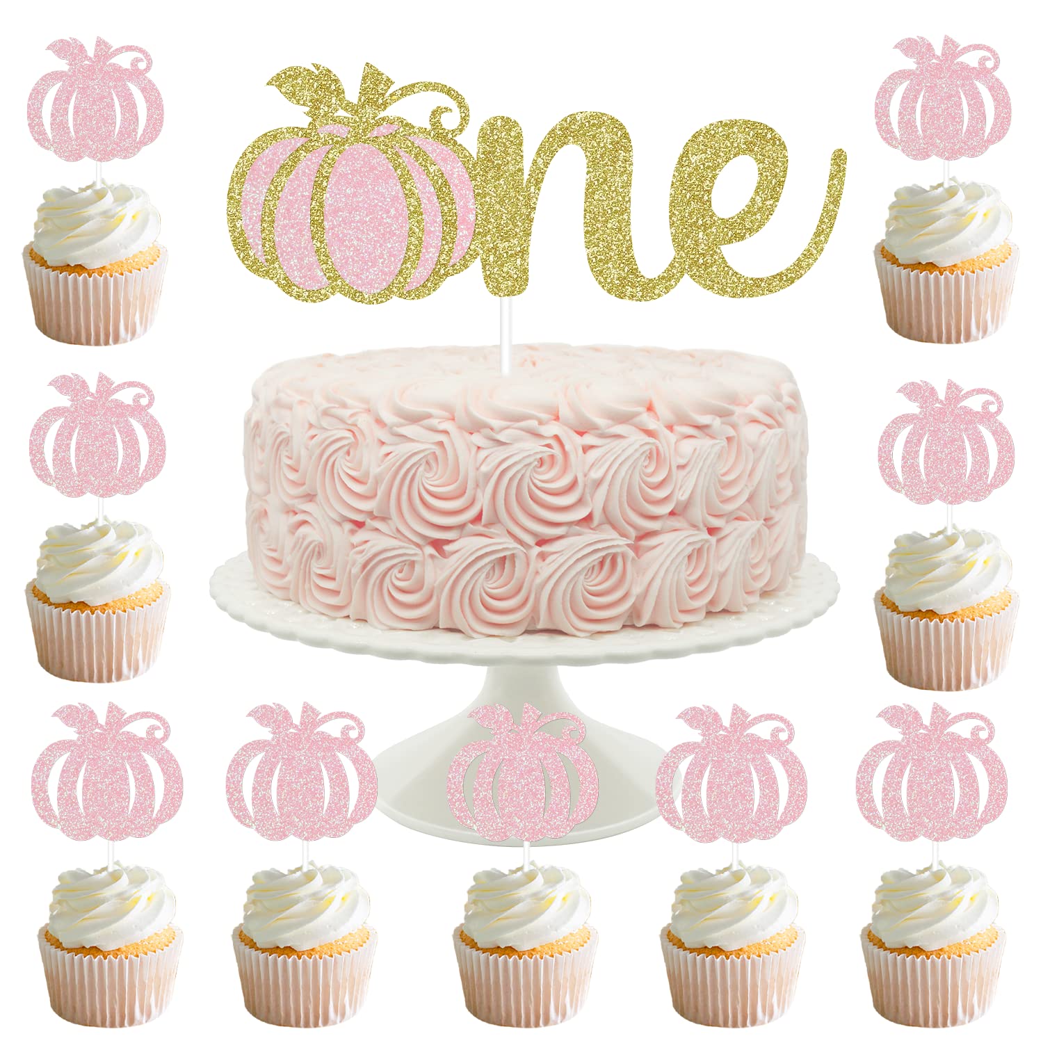 Gold Glittery Pumpkin One Cake Topper and 24Pcs Glittery Pumpkin Cupcake Toppers,Baby Shower Cupcake Toppers Girl,Pumpkin Birthday Decorations Girl,Pumpkin Cupcake Toppers,Fall Theme 1st Birthday Pumpkin Decorations
