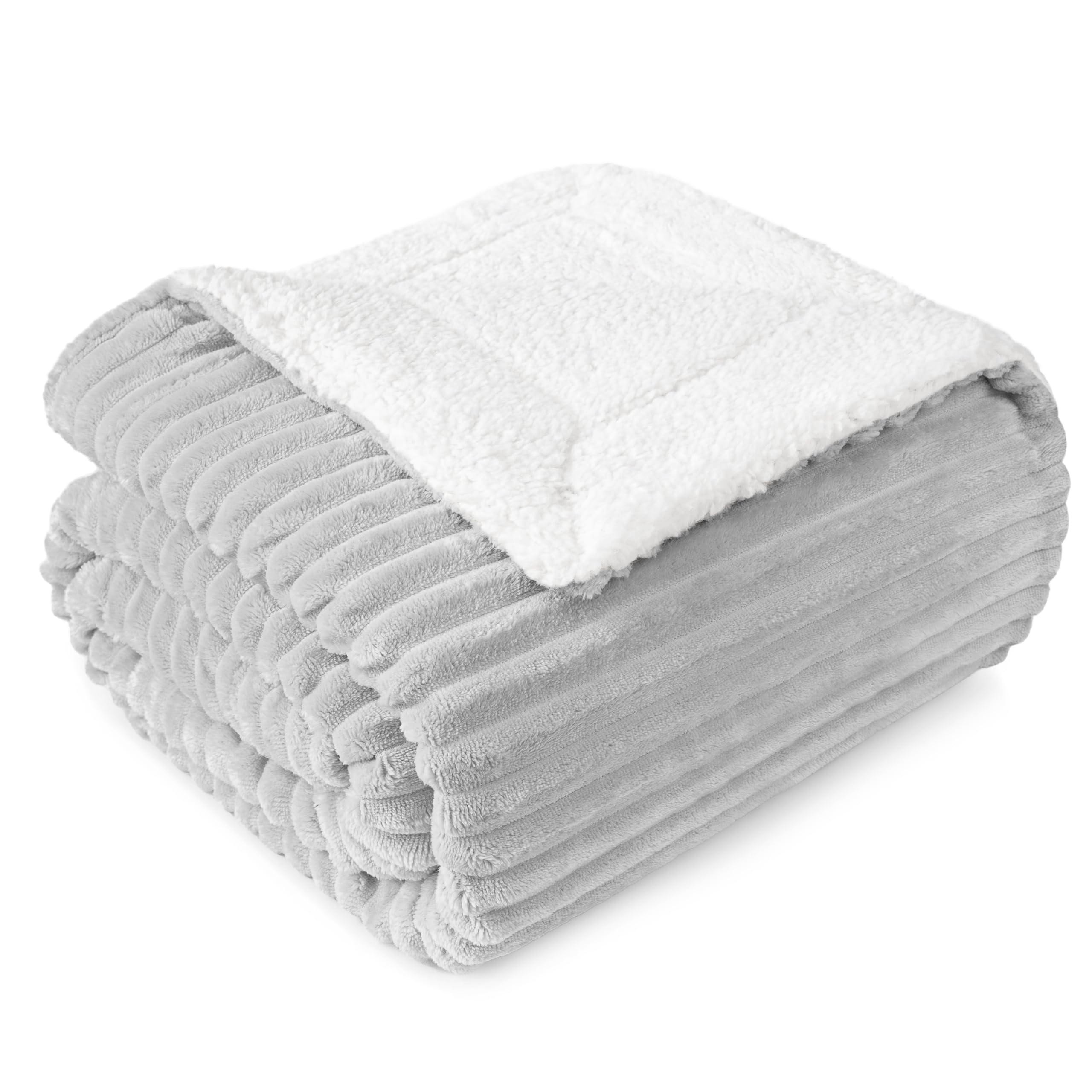 PAVILIA Light Gray Sherpa Fleece Throw Blanket for Couch Twin, Soft Plush Fuzzy Blankets, Fluffy Flannel Sherpa Blanket for Bed, Warm 3D Ribbed Winter Blanket Gift, 60x80 inches