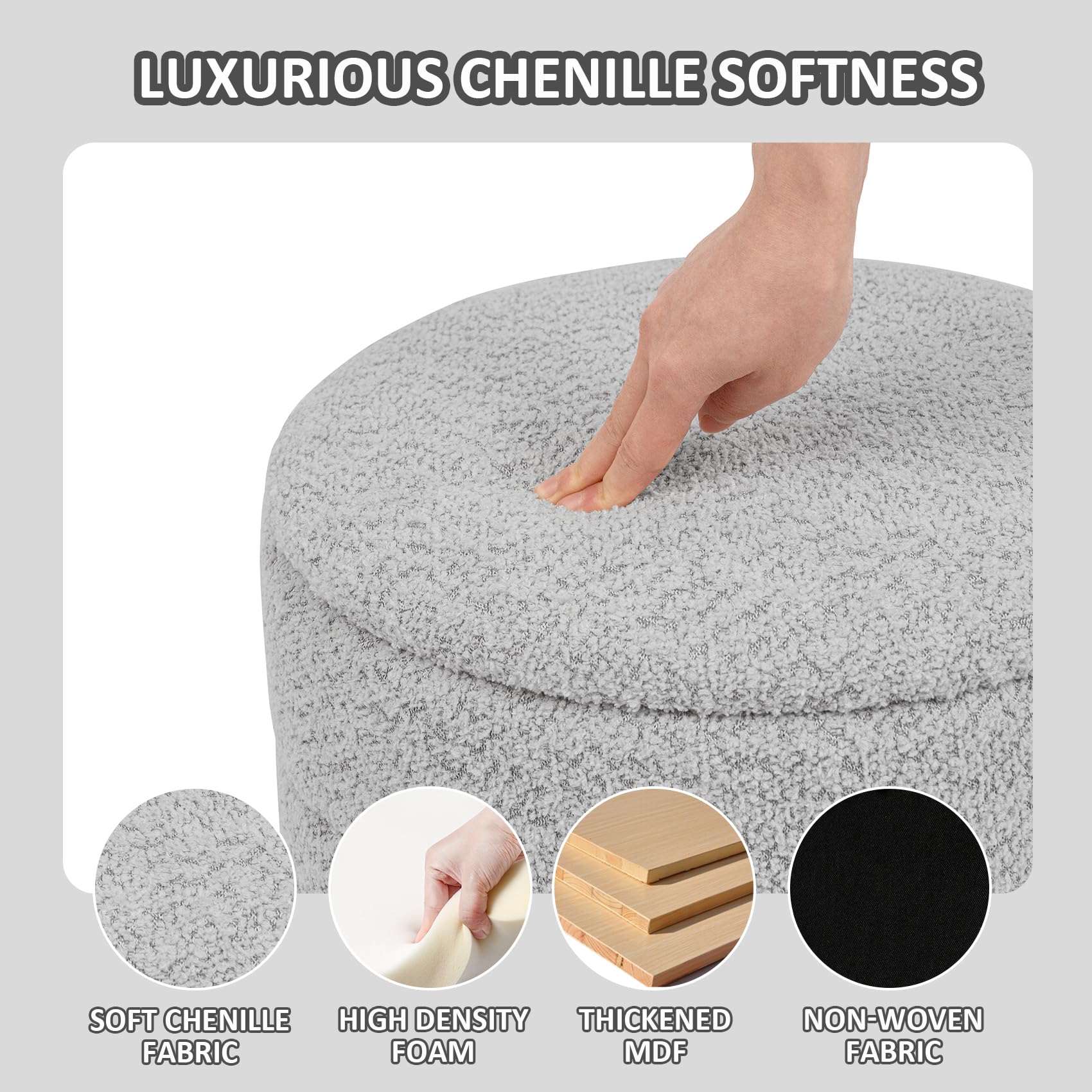 PINPLUS Runder Chenille Sitzhocker mit Stauraum, 2-in-1 Couchtisch & Fußhocker, klappbarer gepolsterter Hocker für Wohnzimmer, Schlafzimmer & Flur, 58 x 58 x 44 cm, Silbergrau