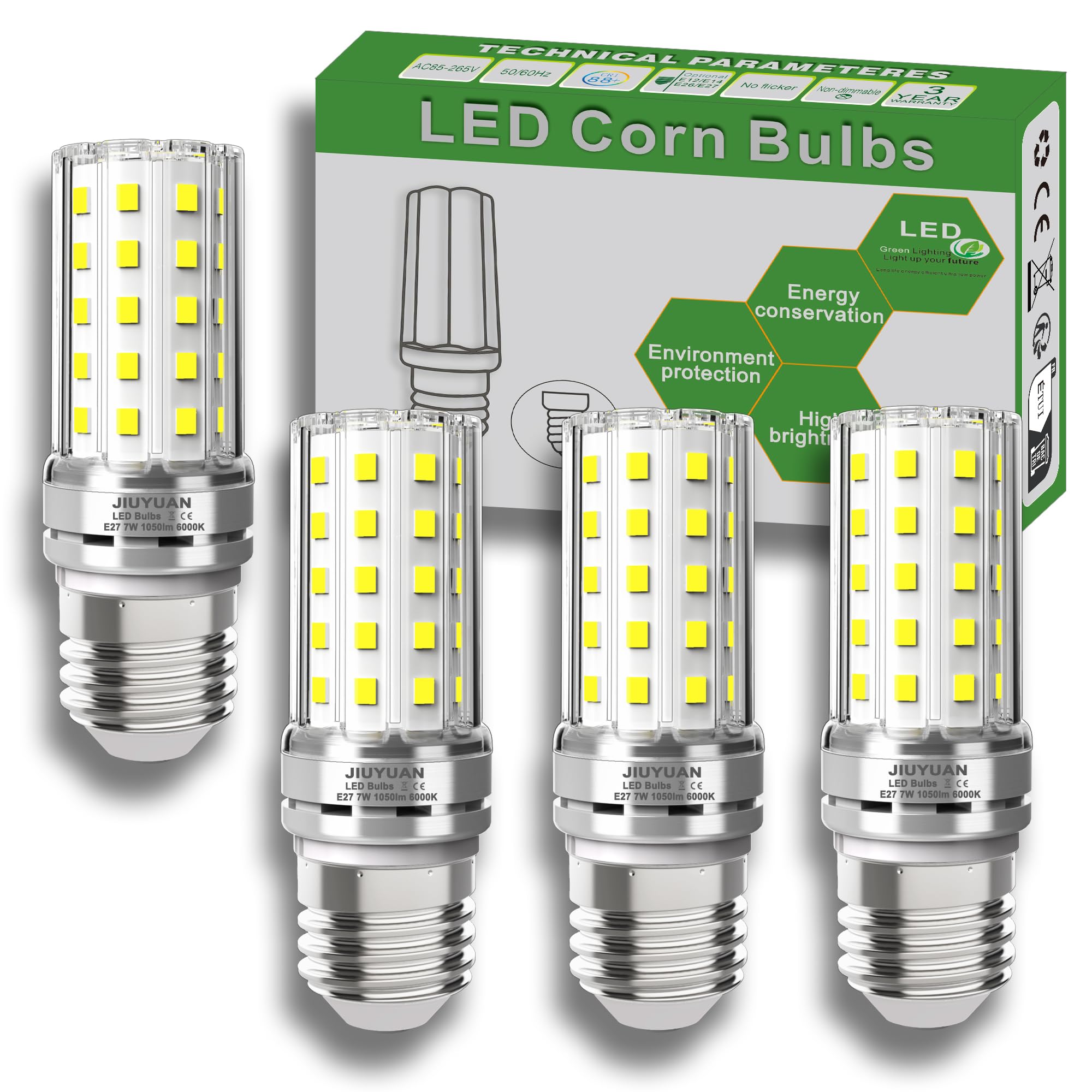 JIUYUAN Lampadina LED E27, 7W (Equivalenti a 80W) 6000K Luce Bianco Freddo 1050 Lumen, Lampadine E27 LED Non Dimmerabile, Pacco da 4