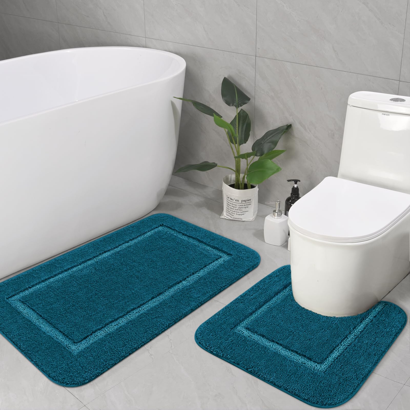 LOCHAS Bathroom Rug Set Peacock Blue, Soft Bath Rug Set 2 Piece Set, Toilet Mat U-Shaped 20x20 and 34x20 Bath Rugs, Quickly Dry Mats for Bathroom, Tub