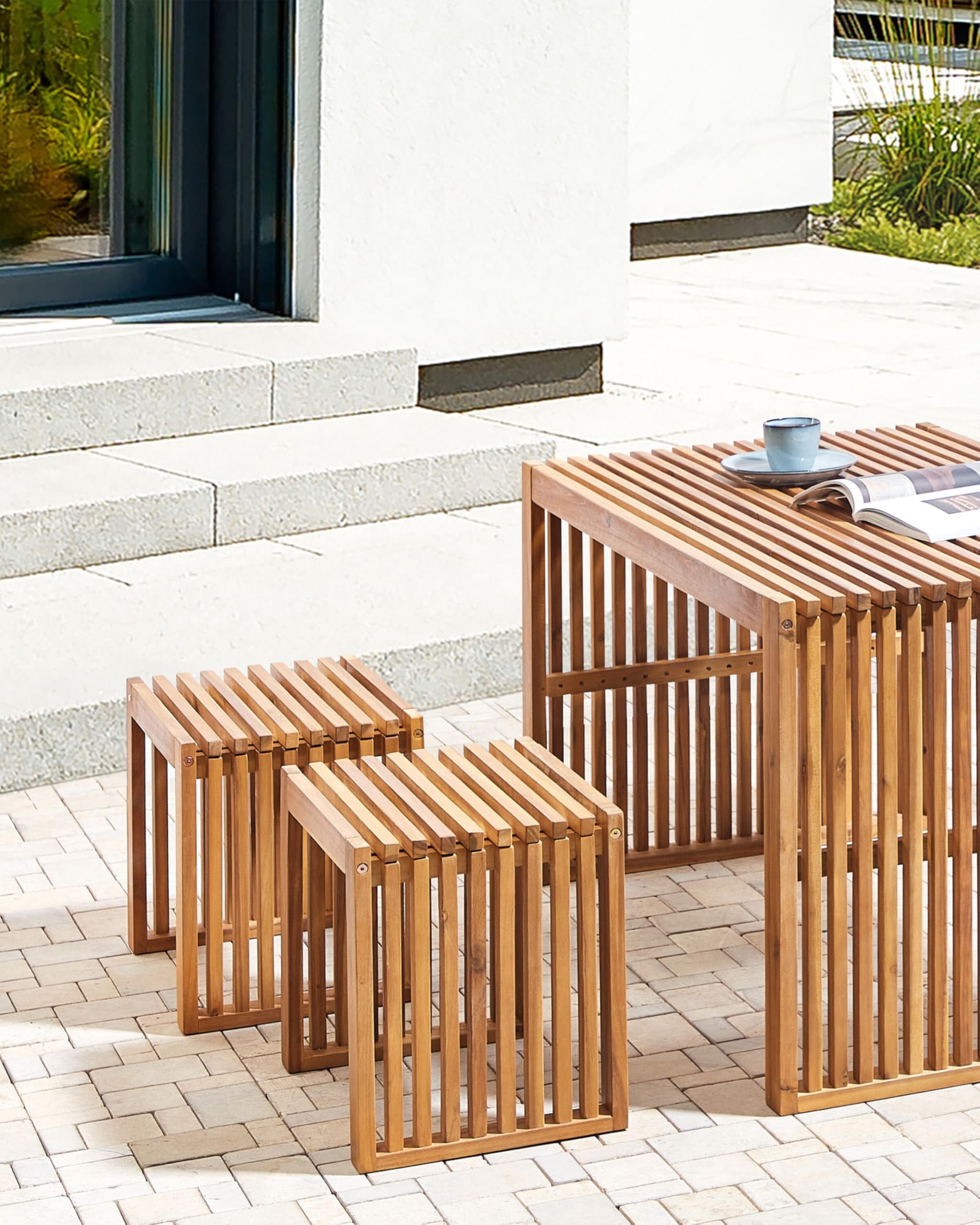 Lot de 2 Tabourets Modernes Rustiques pour l'Extérieur en Bois d'Acacia Clair Bellano