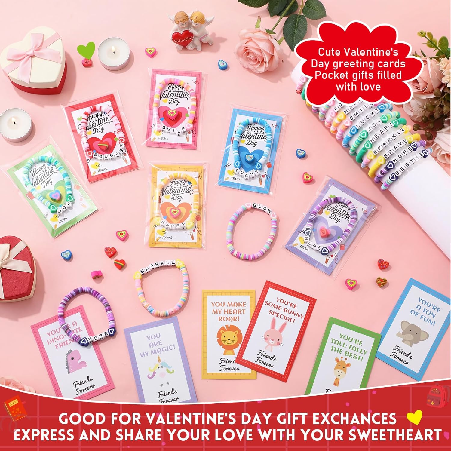 Sasylvia 25 Sets Valentines Day Cards with Valentines Friendship Bracelets and Heart Shaped Erasers Classroom Exchange Gift Class Prize for Friends Bestie Students School Party Favor - Image 4