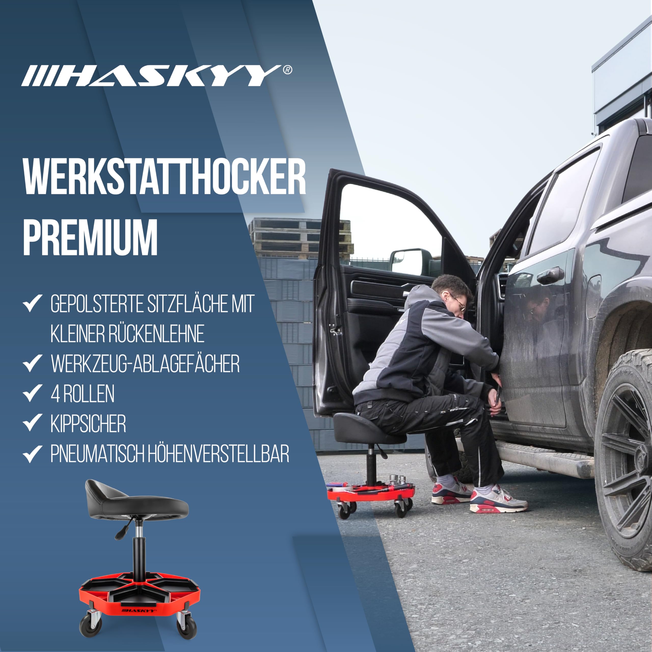 Sgabello Girevole HASKYY Con Schienale E Ruote - Regolabile 43-58 Cm, Portata 150 Kg, Ripiani