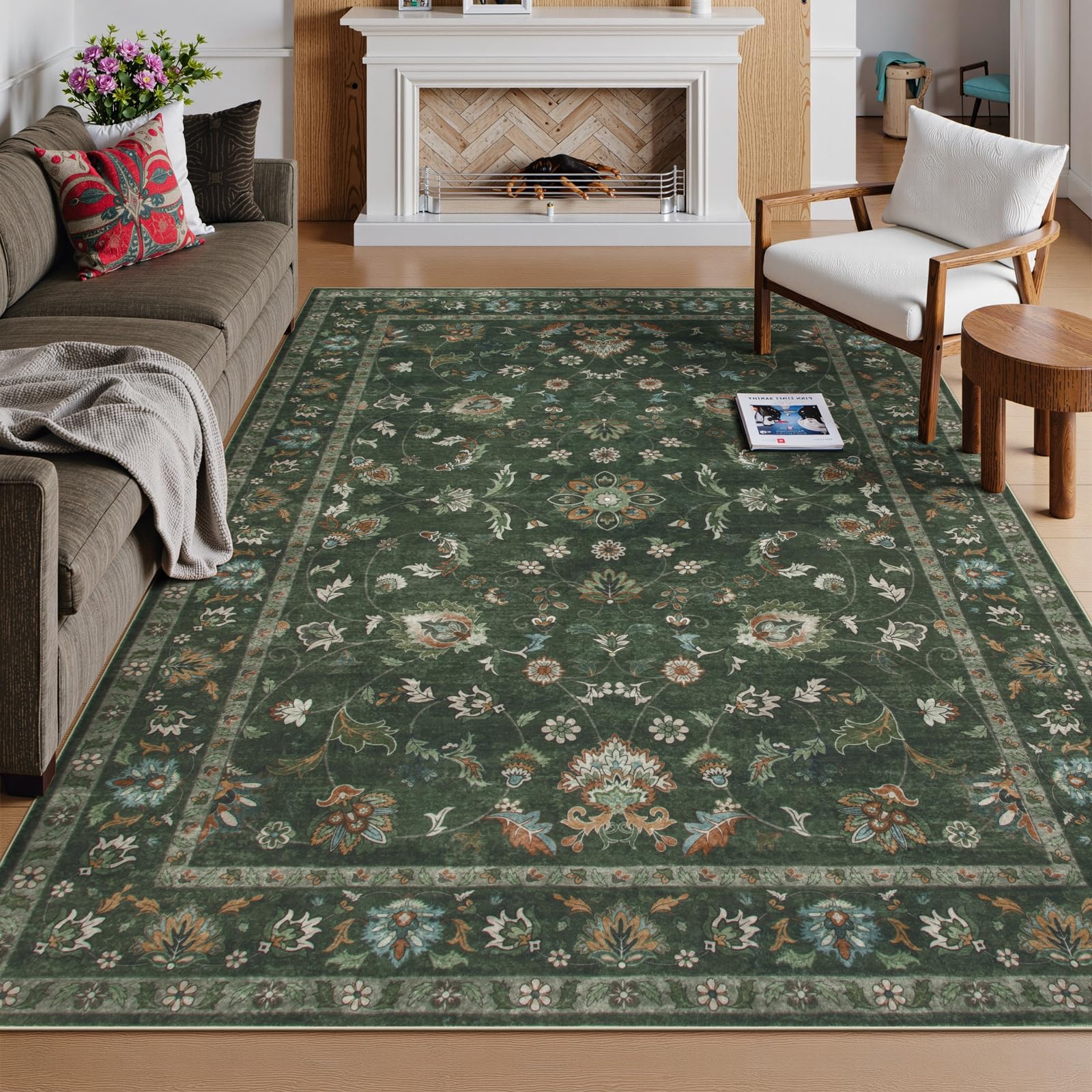 Hedlive Dark Green Floral 5x7 Rug for Bedroom, Boho Soft Washable Area Rugs for Living Room, Low Pile Stain Resistant Dining Room Rug, Non Slip Throw