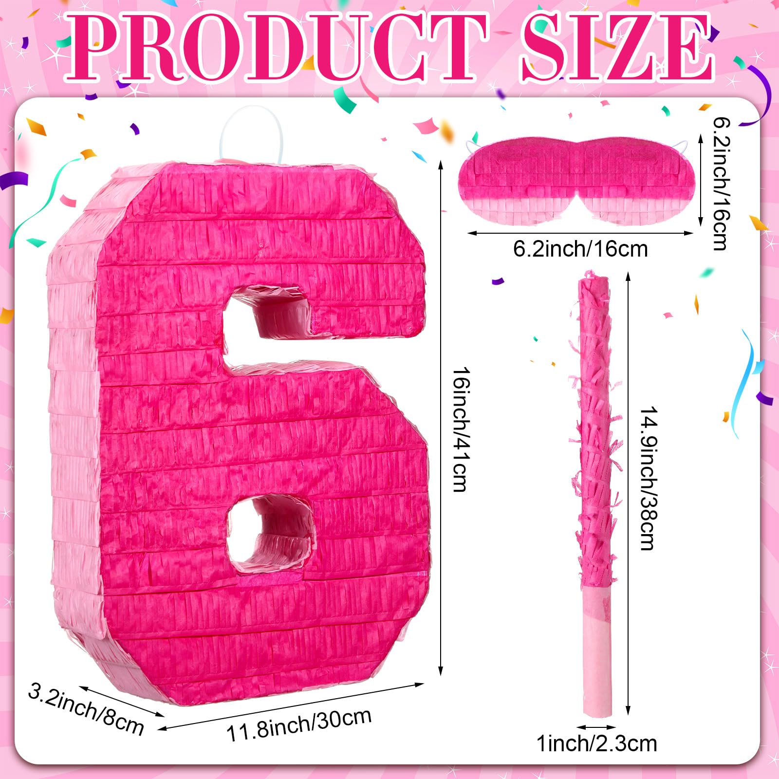 Pink Number 6 Pinata for 6th Birthday Party Decorations, Perfect for 6th Birthday Party Supplies, Fiesta, Anniversary Celebration, Birthday Pinata with Stick, Blindfold (Large 16 x 11.8 x 3.2 Inches)