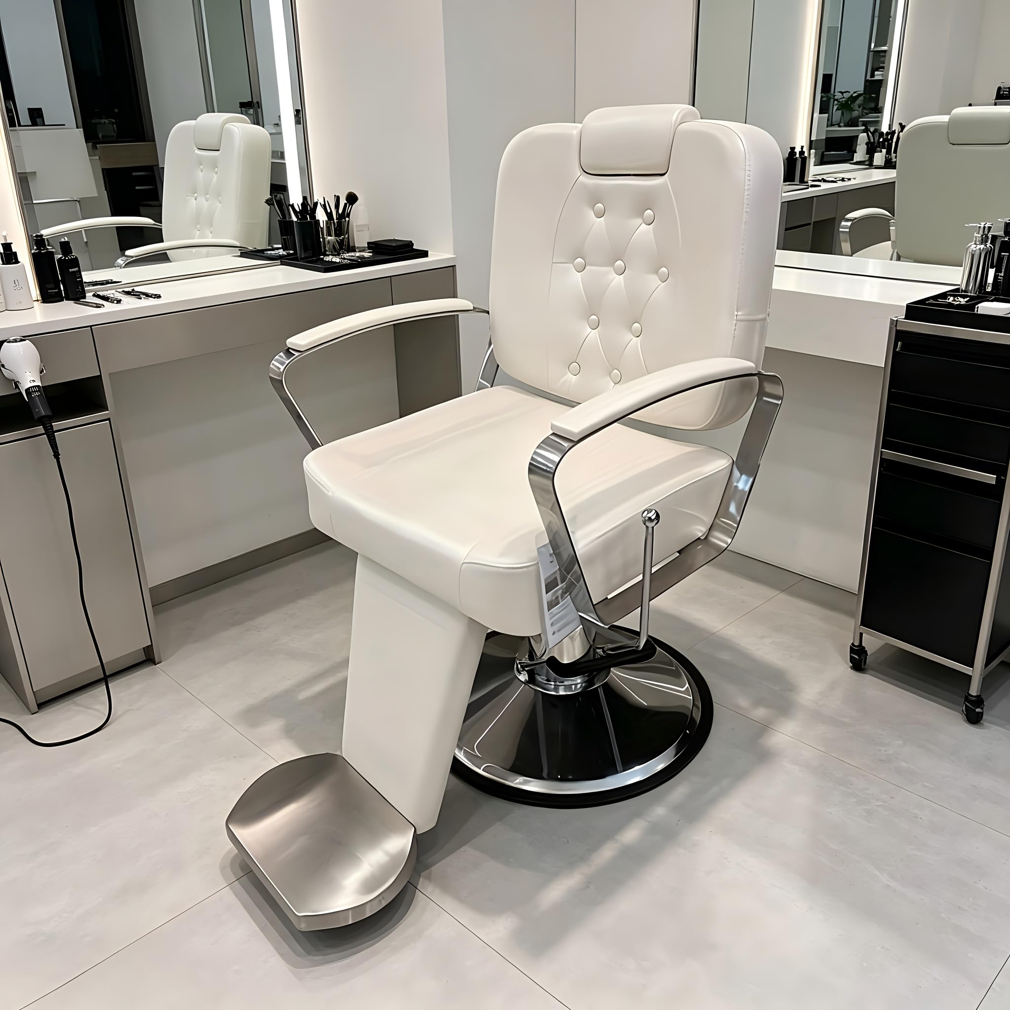 Poltrona da barbiere idraulica girevole a 360° reclinabile, in pelle PU impermeabile, colore bianco perla brillante, con poggiapiedi, multiuso per parrucchiere, trucco e tatuaggio