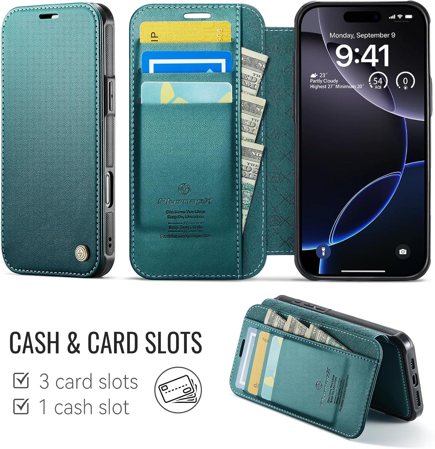 for iPhone 16 Pro Max Case Wallet Compatible with Magsafe, Slim PU Leather Flip RFID Blocking Card Holder Stand Shockproof Magnetic Wallet Phone Cover for iPhone 16 Pro Max, Blue Green