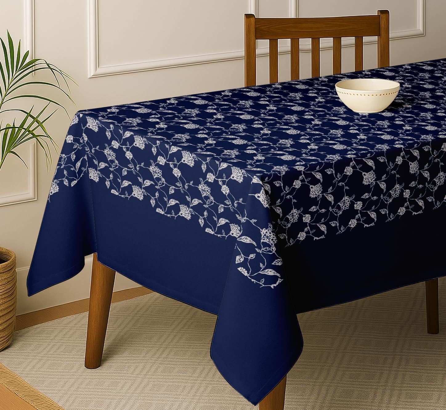 Floral Design Tablecloth - Blue 54X54 Inch Cotton Twill Dining Table Cover, Perfect for 4 Seater Tables, Durable, Washable, Wrinkle Resistant, Ideal for Festive Occasions & Gatherings