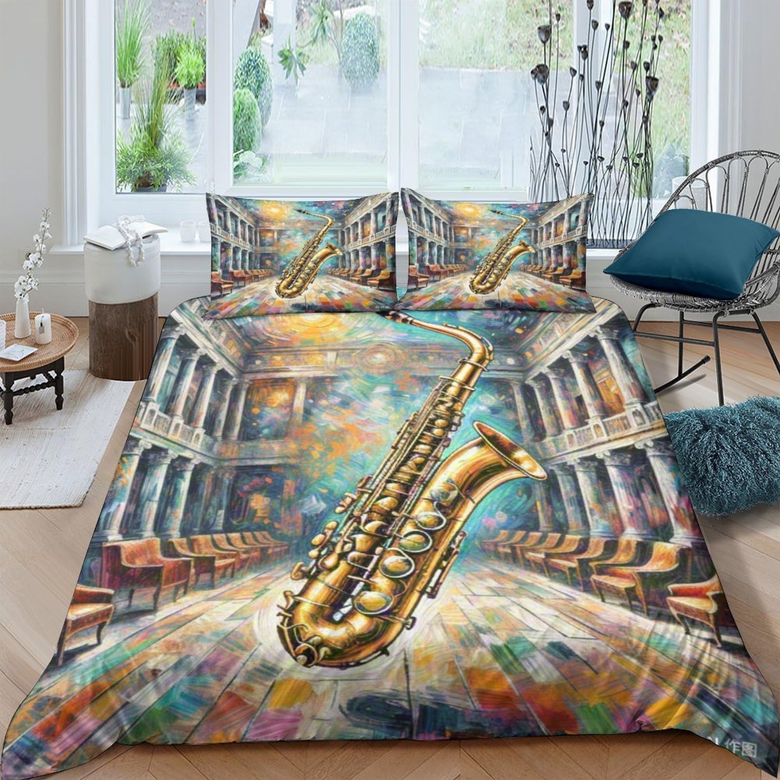 Housse de couette saxophone 3D 200x200cm en microfibre douce avec taie