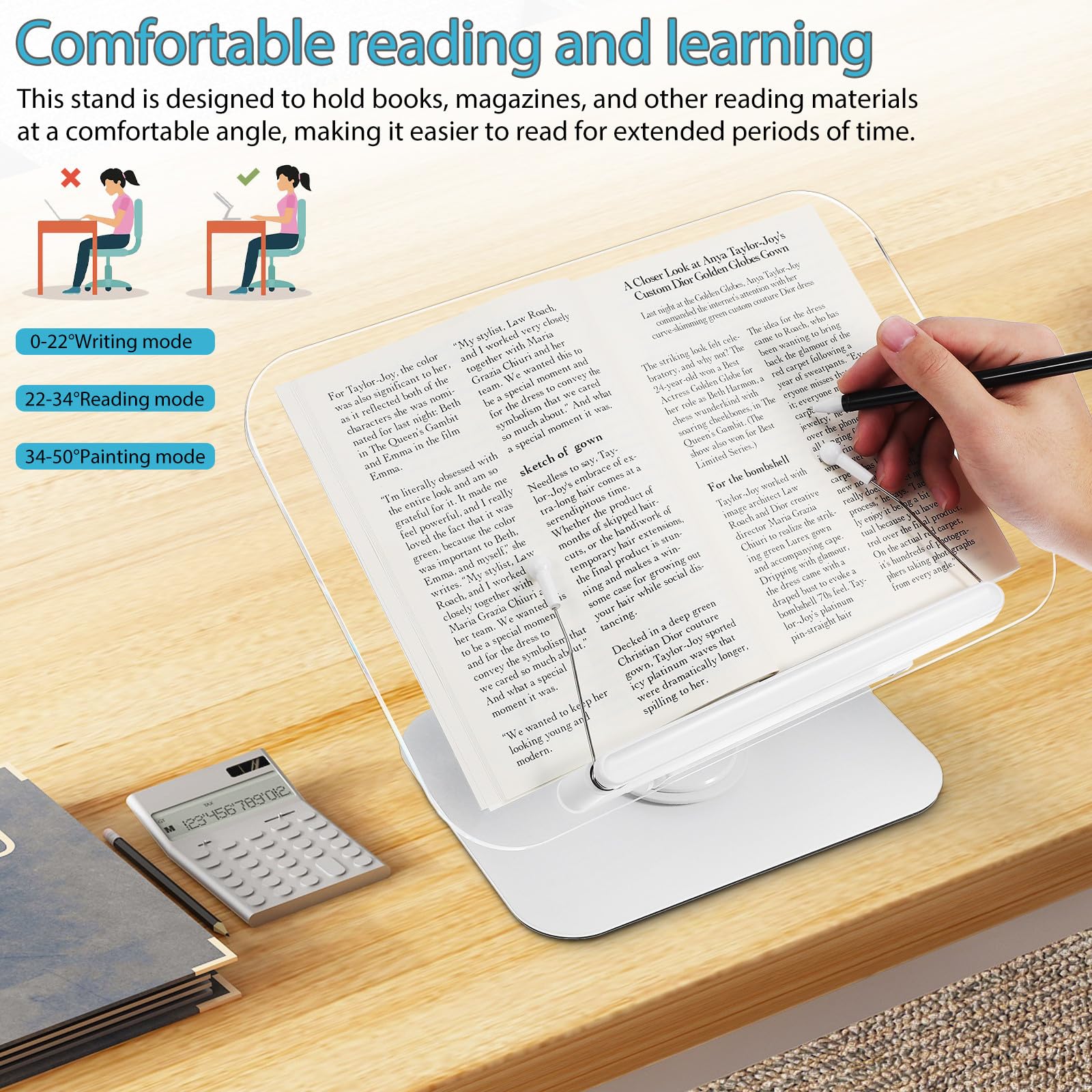 Lurrose Leggio Regolabile per Libri e Laptop con Base Girevole 360°, Supporto da Scrivania in Acrilico e Metallo 36,8x34 Cm con Fermalibri per Lettura a Mani Libere e Uso Multifunzionale