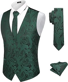 Men's Christmas Vest Tie Set 3PC Paisley Jacquard Waistcoat and Necktie Pocket Square for Holiday Party Wedding