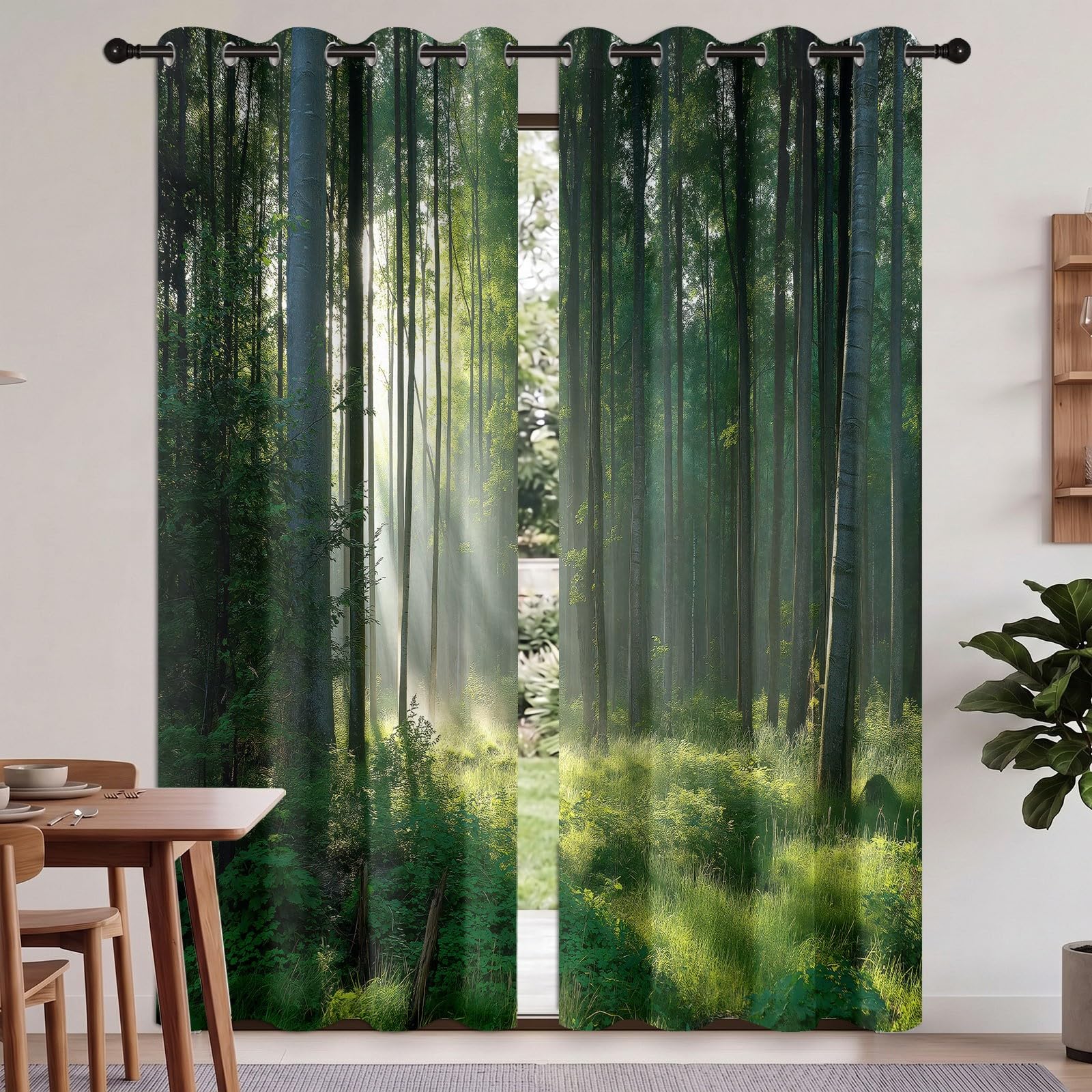 Natur Landschaft Blickdicht Vorhänge mit ösen, Wald Wiese Fotografie Muster Thermo Verdunklungsvorhänge, Grün Gardinen für Wohnzimmer Schlafzimmer Fenster Deko 2er Set, 175x140 cm (HxB)