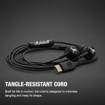 Marshall Mode USB-C Wired Earbuds - Built-in Microphone | Customizable Fit | Tangle-Resistant Cord | Dynamic Drivers - Black