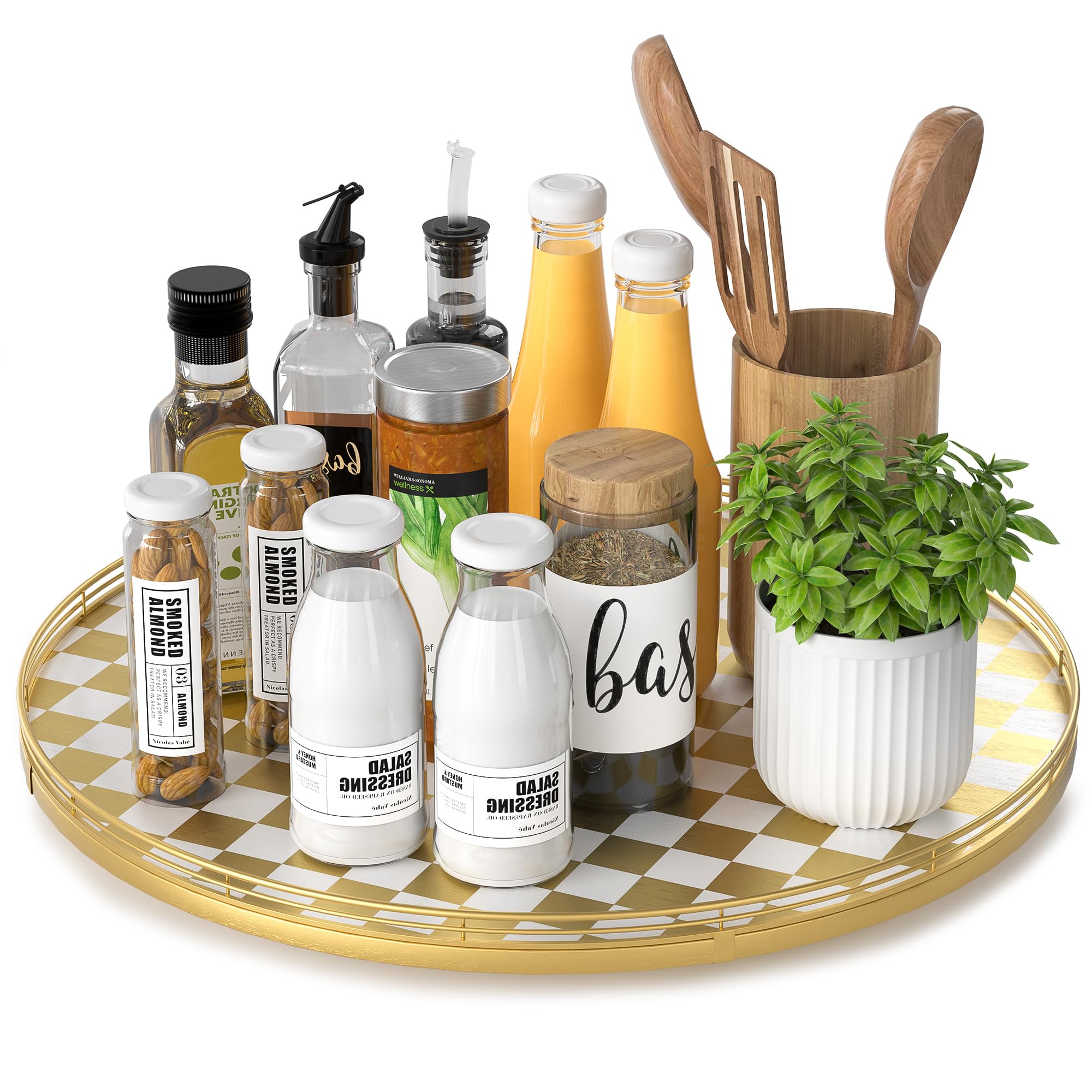 Gold and White Checkerboard Lazy Susan with Rubberwood Base and Metal Rail