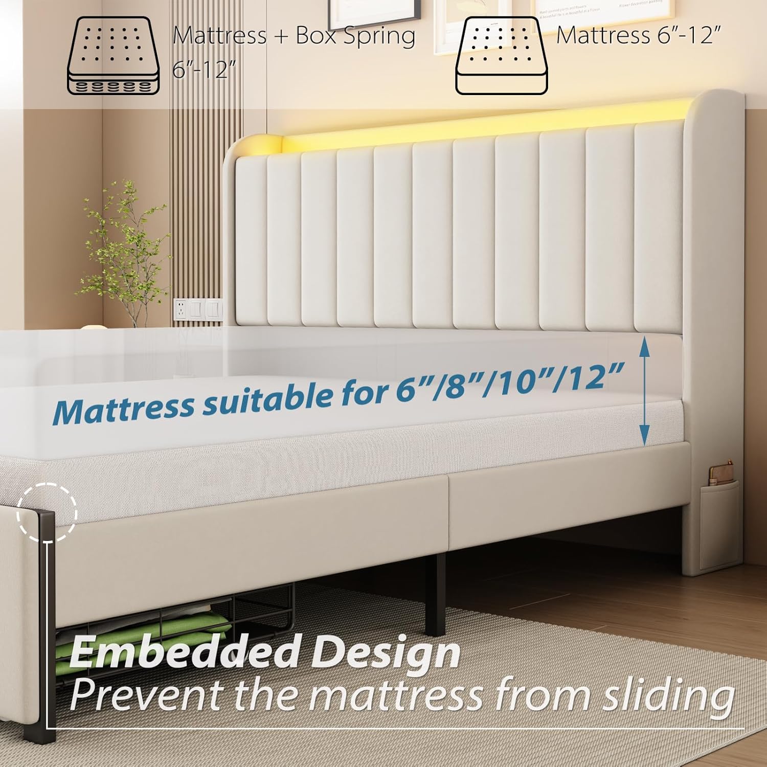 Queen Bed Frame with Storage Drawers, LED Bed Frame with Charging Station, Velvet Channel Tufted Upholstered Headboard, Wood Slats Support Noise-Free, No Box Spring Needed, Beige