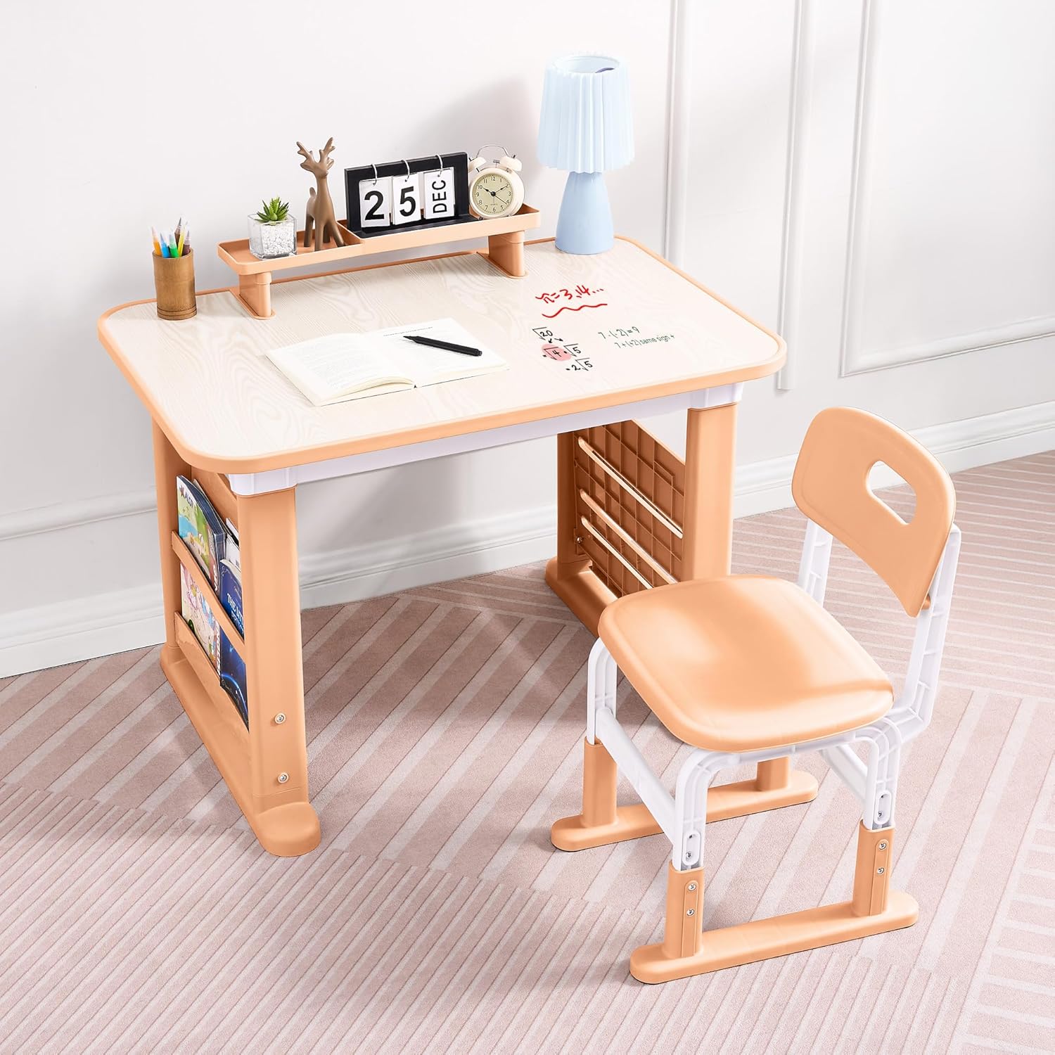 Kids Desk and Chair Set, Multi-Activity Children Study Table and Chair Set with Bookshelf for Home/Classrom, Height Adjustable, Graffiti Desktop, Removable Storage Rack for Toddler Ages 3-12