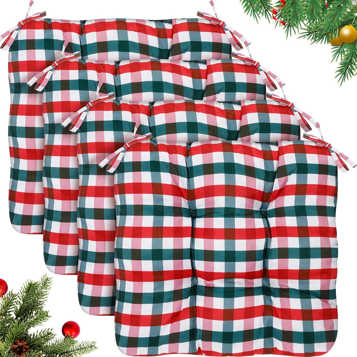 Geetery 4 Pack 4 Pack Chair Cushions for Dining Chair Kitchen Seat Pads with Ties Buffalo Plaid Soft Comfy Square Pads for Home, Outdoor, Patio, Room (Red,Green) (Red,Green)