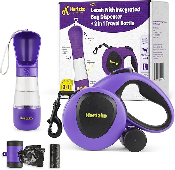 Hertzko Heavy Duty Retractable Dog Leash with Built-in Poop Bag Holder + Water Dispenser/Bottle - Purple & Black, 16 Ft, Small, Medium & Large Dogs Up to 110lbs, Heavy Duty Purple Leash w/Thick Rope
