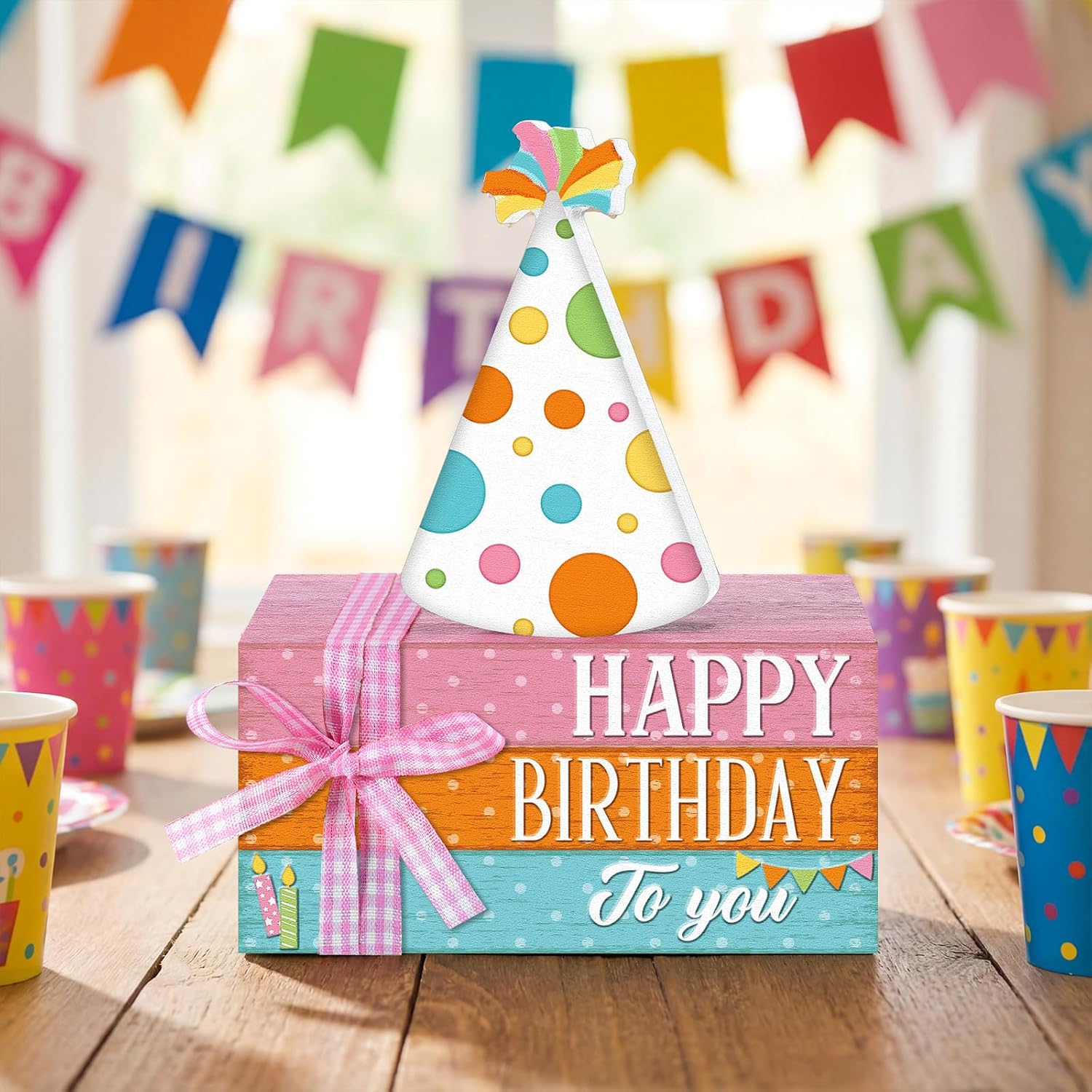 Geelin 4 Pcs Birthday Wooden Book Stack Decor, Rustic Happy Birthday Table Centerpieces with Party Hat Wooden Sign, Colorful Tiered Tray Decorations for Home, Office, and Party Table Decor