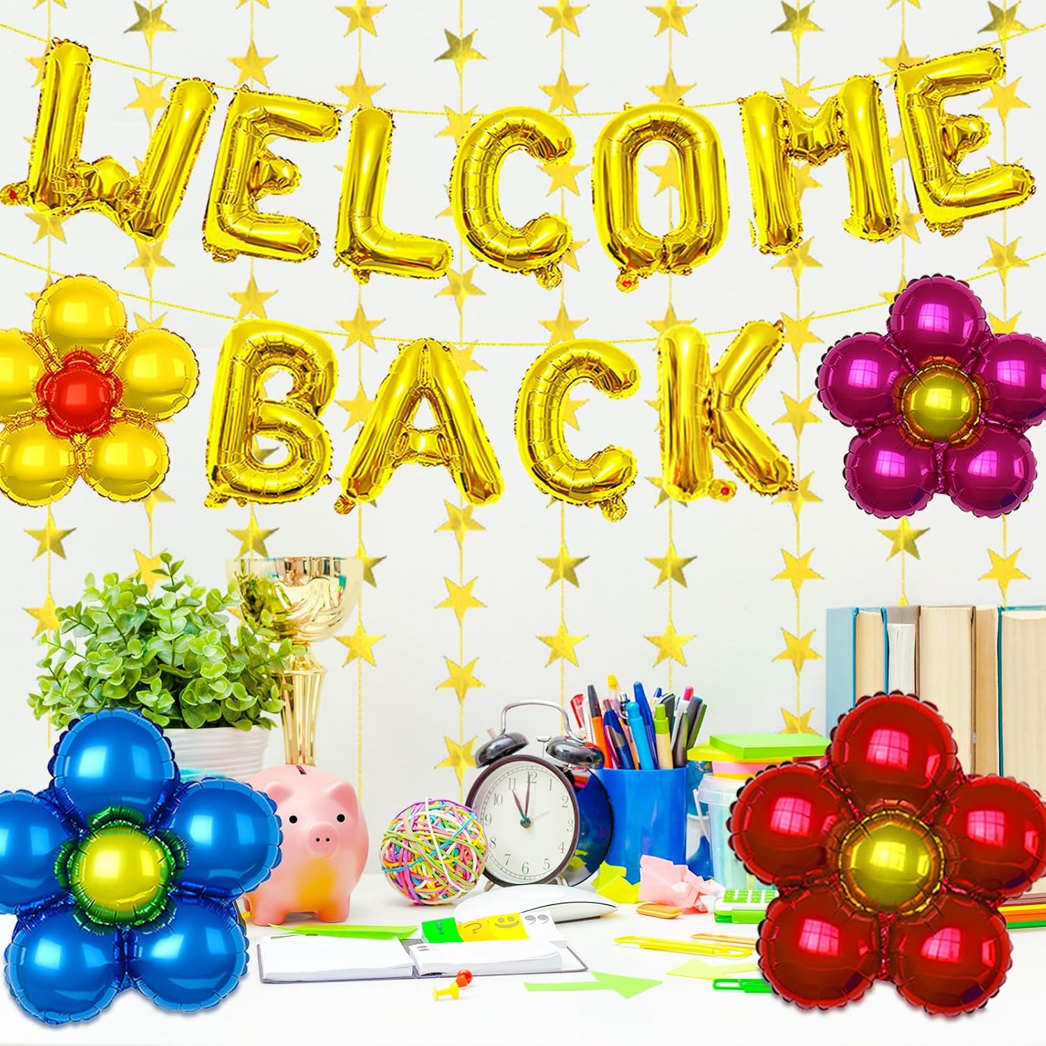 16 Inch Gold 'WELCOME BACK' Balloon Banner, Mylar Letter Balloons with 18 Inch 5-Petal Flower Balloons and Gold Star Garlands for Back to School, Office Return, Welcome Home Party Decorations