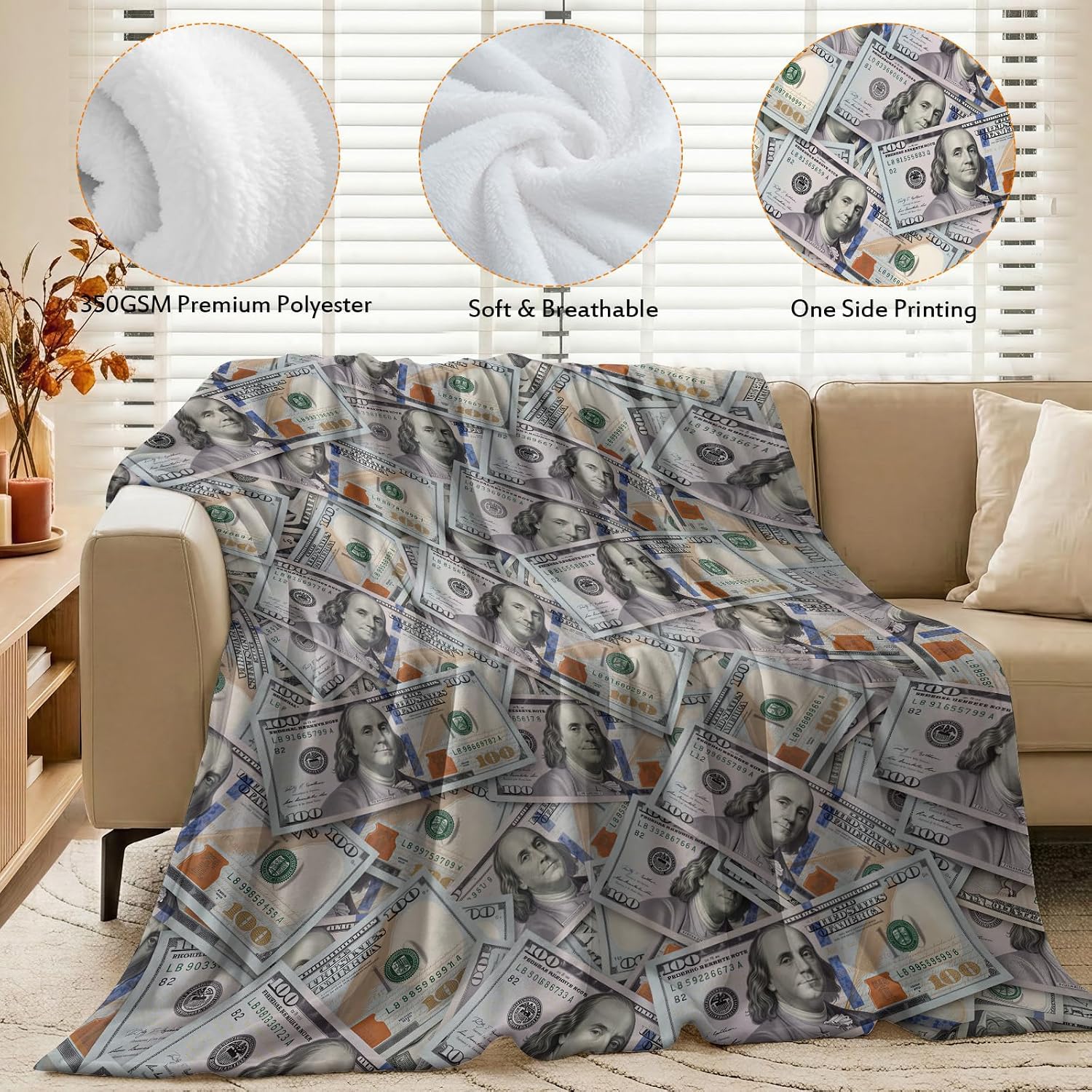 Jekeno Money Blanket 100 Dollar Bill Plush Throw Gifts 60"x80" image 3