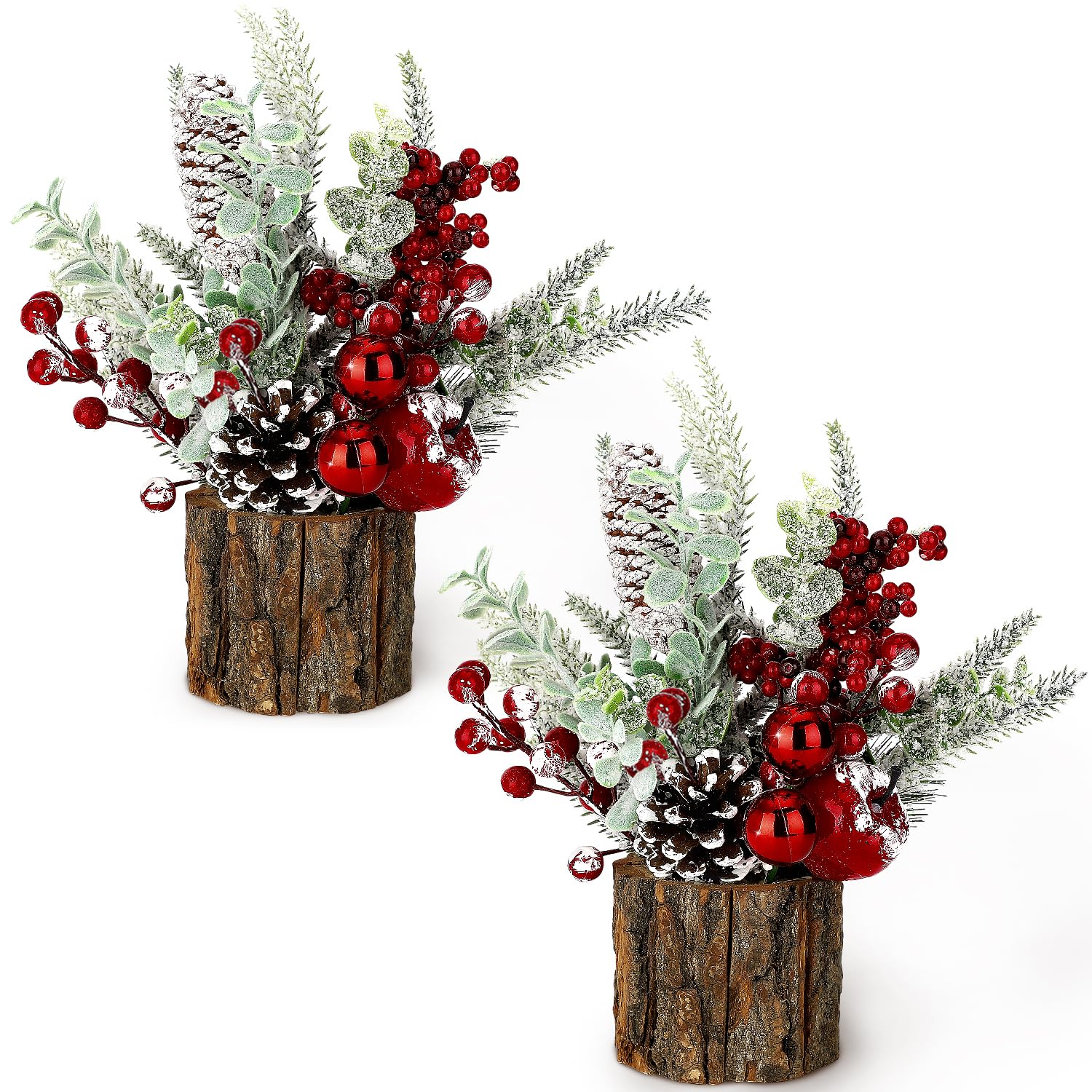Small Christmas Tree Tabletop Artificial Mini Christmas Tree Decorations with Holiday Ornaments Red Berry Pine Cone Greenery for Home Indoor Fireplace Mantel Xmas Decor (3 pcs -Tree Stump-Red)