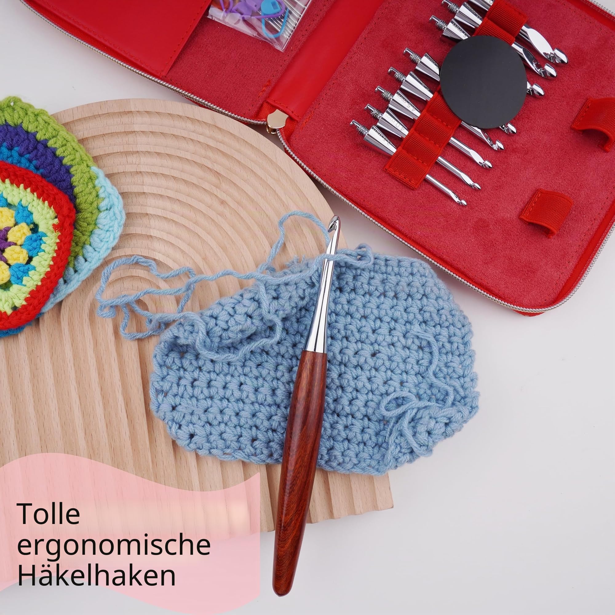 Austauschbares ergonomisches Häkelnadel-Set, Inline-Anfänger-Häkelnadel-Set, glatter Griff, Holzgriff mit rotem Etui für arthritische Hände, 9 Größen, 3,5 mm - 8 mm | Leichtes Häkelnadel-Set, glatter Metallhaken, Häkelnadeln für arthritische Hände, Anfäng