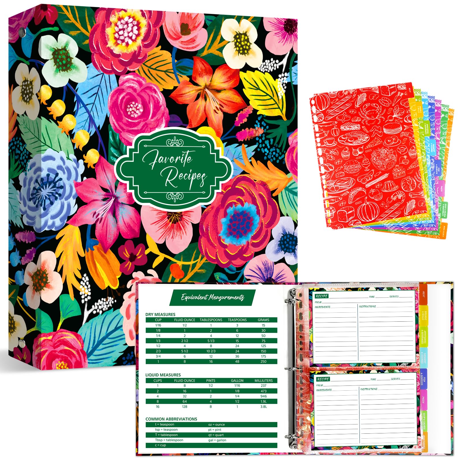 3 Ring Recipe Binder, 8.5x11 inch 3 Ring Recipe Binder Kit with 50 Plastic Sleeves Protectors, 100 Packs 5x7 inch Recipe Cards & 8 Category Divider