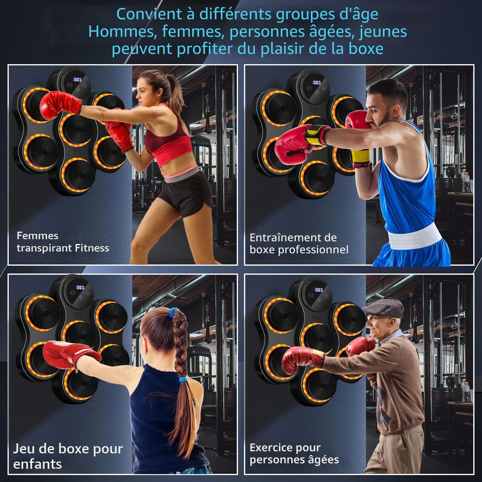 Boîte à Musique, Boîte à Musique Bluetooth, Boîte à Musique Murale avec Gants de Boxe pour Adultes et Enfants, 9 Modes de Vitesse, 9 Vitesses Réglables et Modes de Comptage