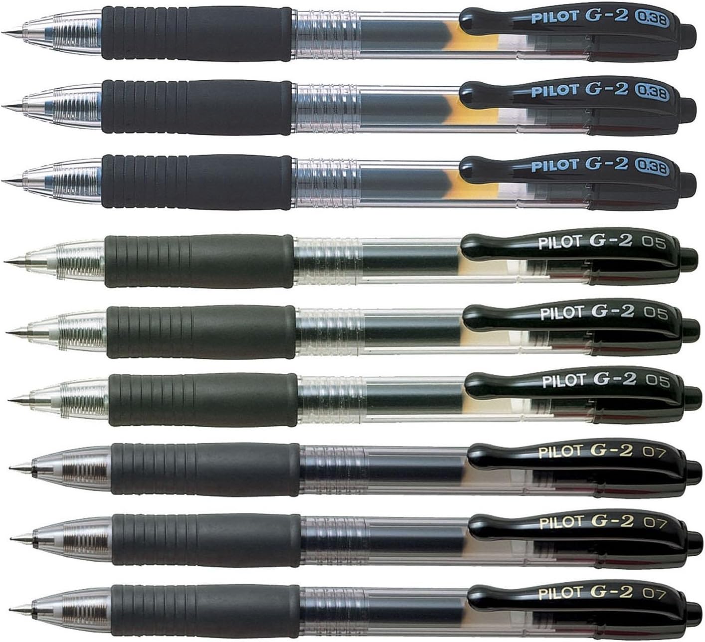 Pilot G2 retractable Black Gel Roller ballpoint pens, assorted point sizes (3 x Ultra Fine 0.38, 3 x Extra Fine pt 05, 3 x Fine pt 07)