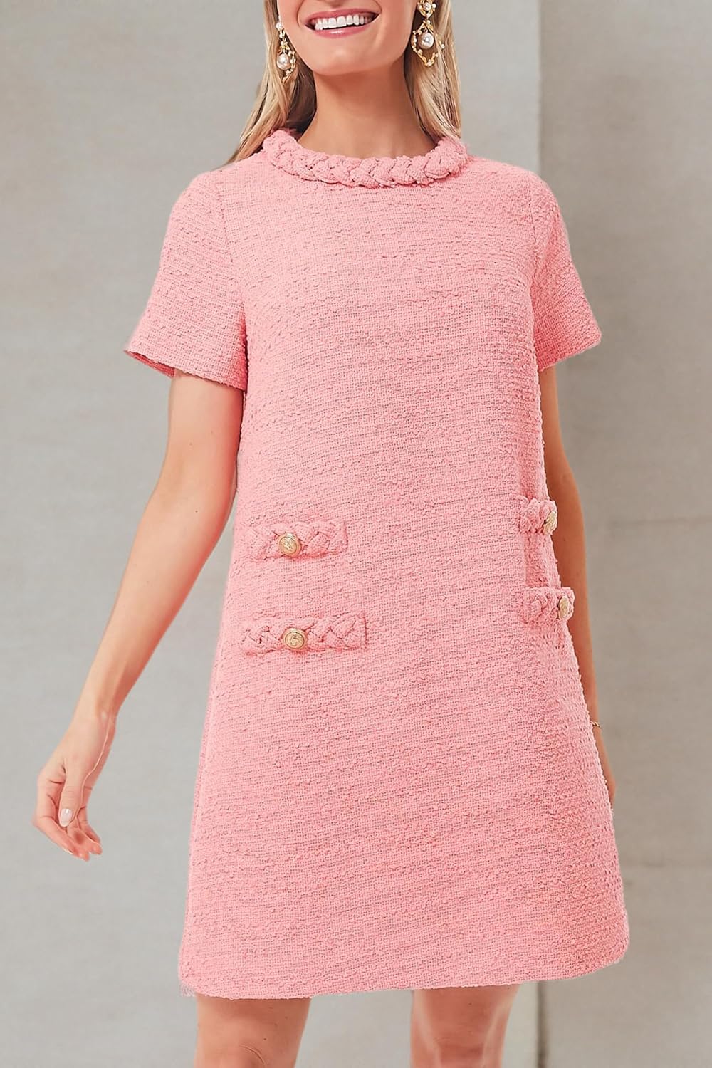 Ladyful Womens Tweed Jackie Dress Short Sleeve Elegant Crew Neck Business Party Vintage Button Bodycon Mini Jackie Dress - Image 7