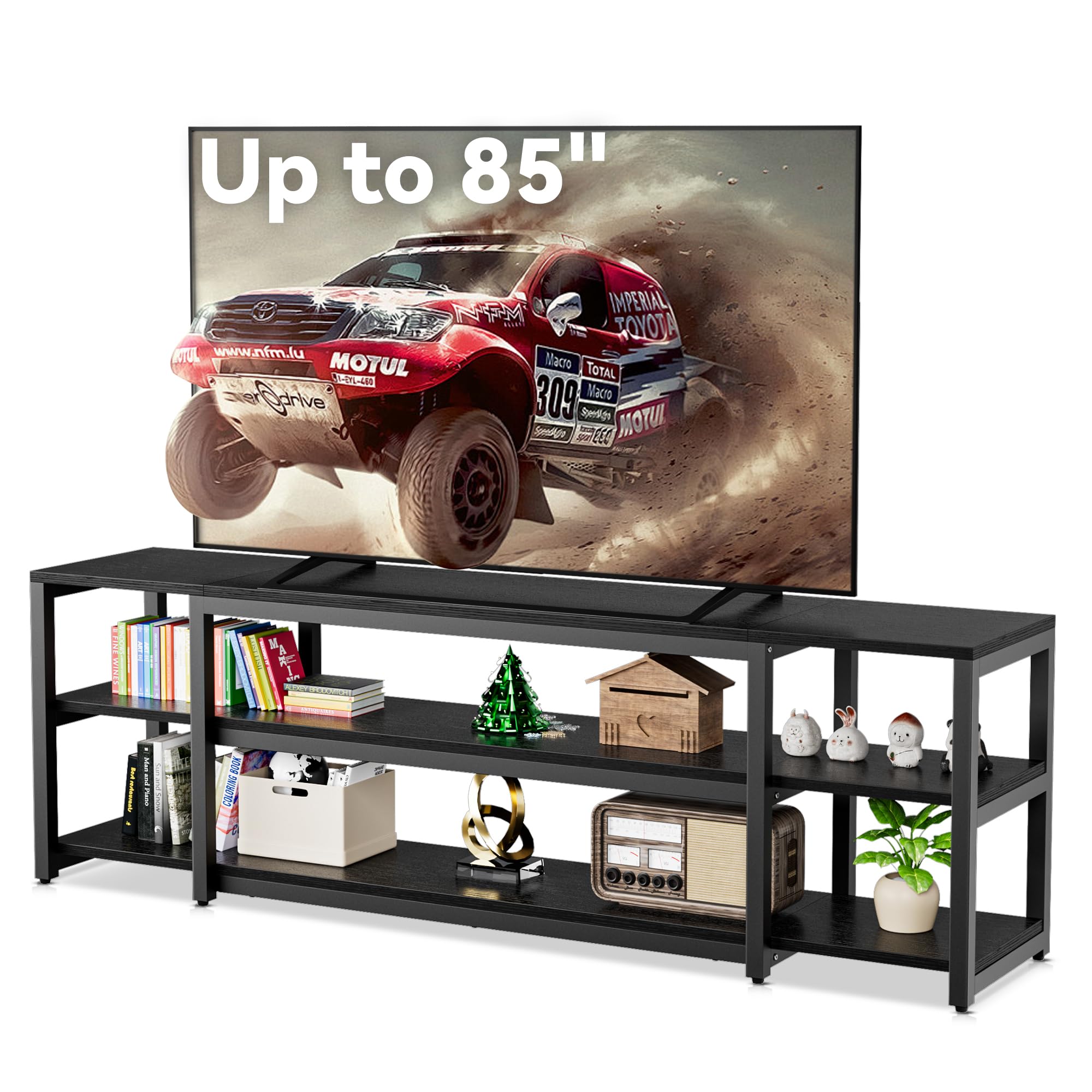Aquzee 85 inch TV Stand, Entertainment Center for 70 75 80 85" TV, 75.2" Wide Wood Television Console Table for Living Room Bedroom Gaming Room, Black
