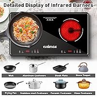 Vista 5 de Electric Stove,Cusimax Electric Hot Plate for Home,9 Temperature and 1800w Power Level,Double Infrared Burner with Sensor Touch,Kids Safety