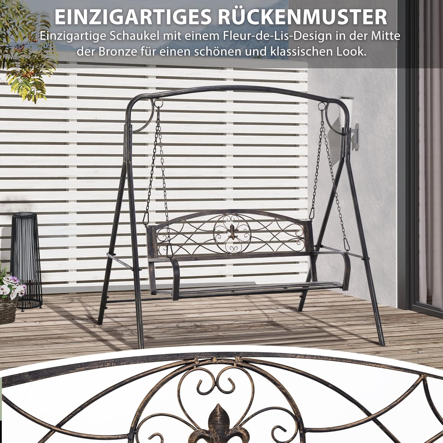 Close-up of the swing's backrest featuring a decorative Fleur-de-Lis design.