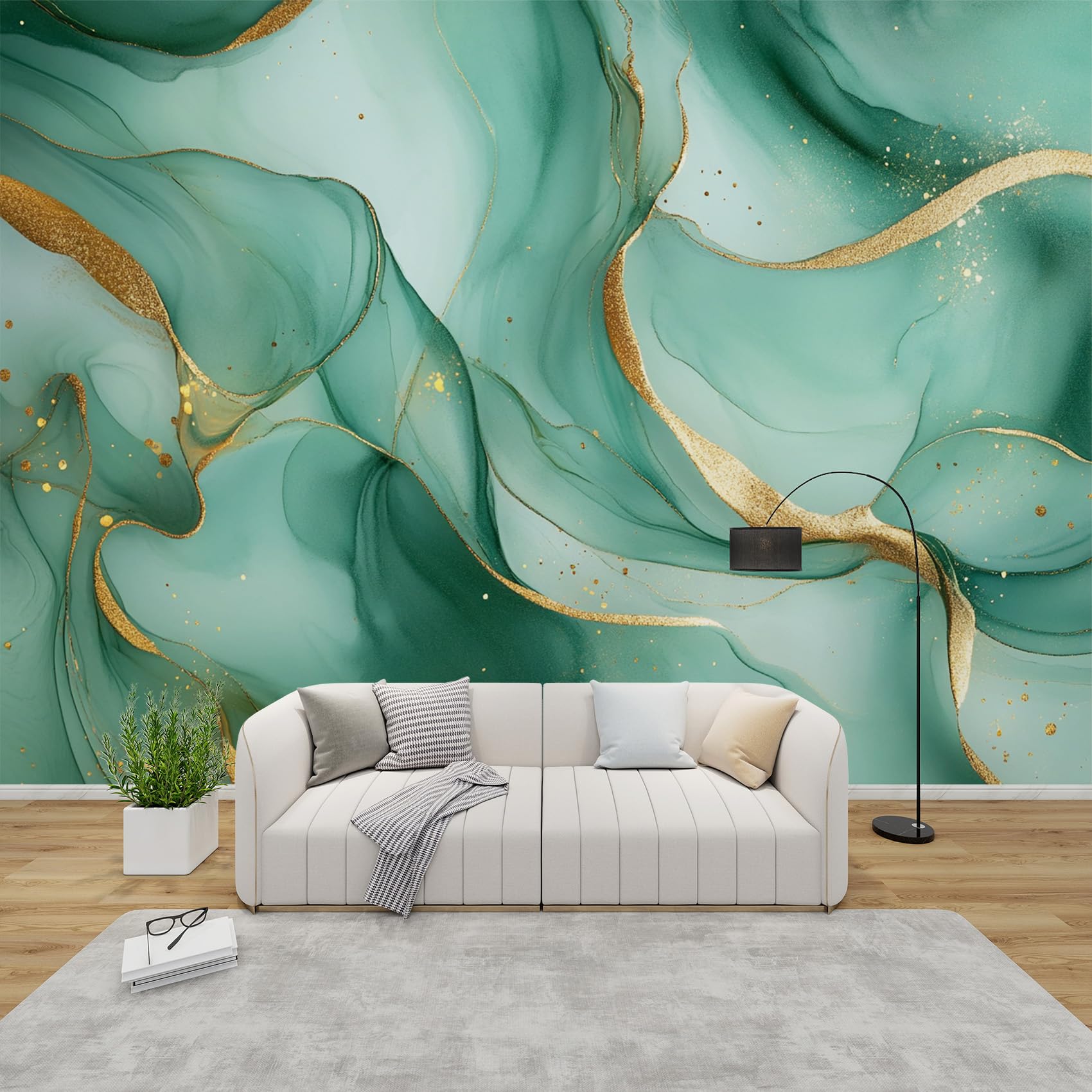 AevuCub Marble Wall Mural - Green and Gold Mural Wallpaper for Living Room, Bedroom Decor, Modern Abstract Wall Art, Non-Woven Photo Wallpaper 3D Effect, 500x350 cm