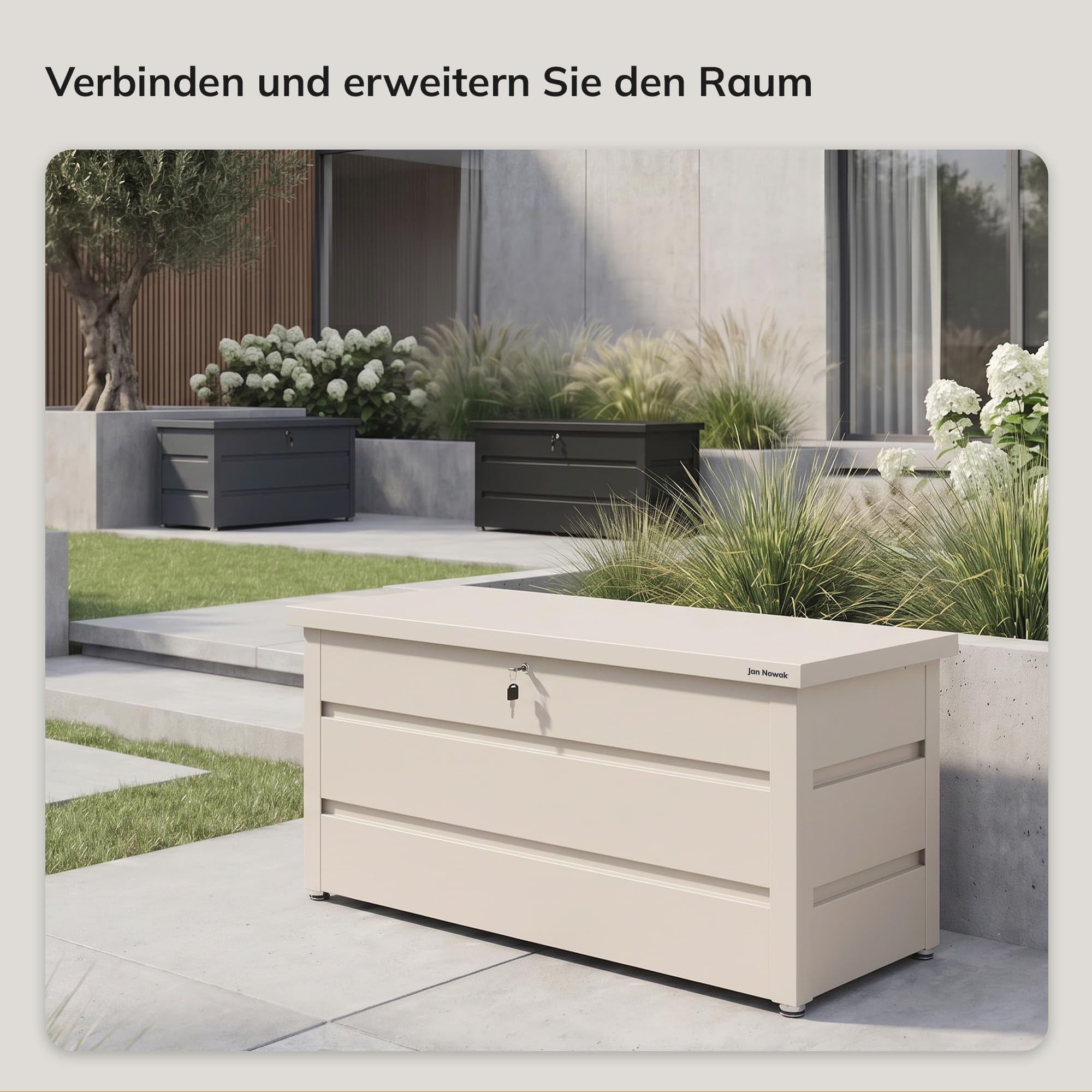 Jan Nowak Gartenbox Metall 360 L Auflagenbox wasserdicht abschließbar Kissenbox Stahl Balkonbox Terrassenbox Outdoor Aufbewahrungsbox mit Gasdruckfedern Sitzfunktion 119 x 58,7 x 52 cm