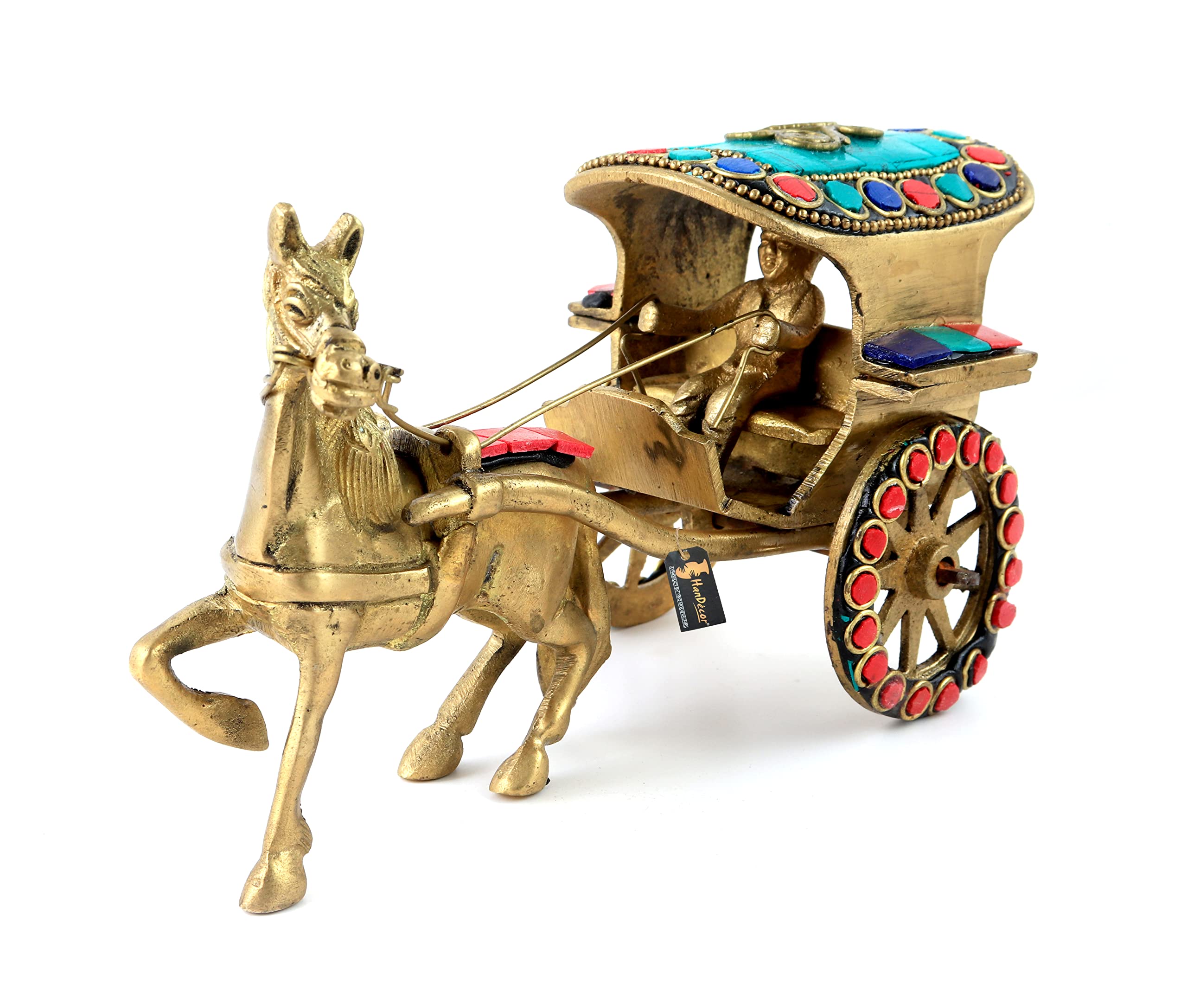 Two Moustaches Gemstone Work Brass Horse Cart Replica Showpiece, Standard, Pack of 1