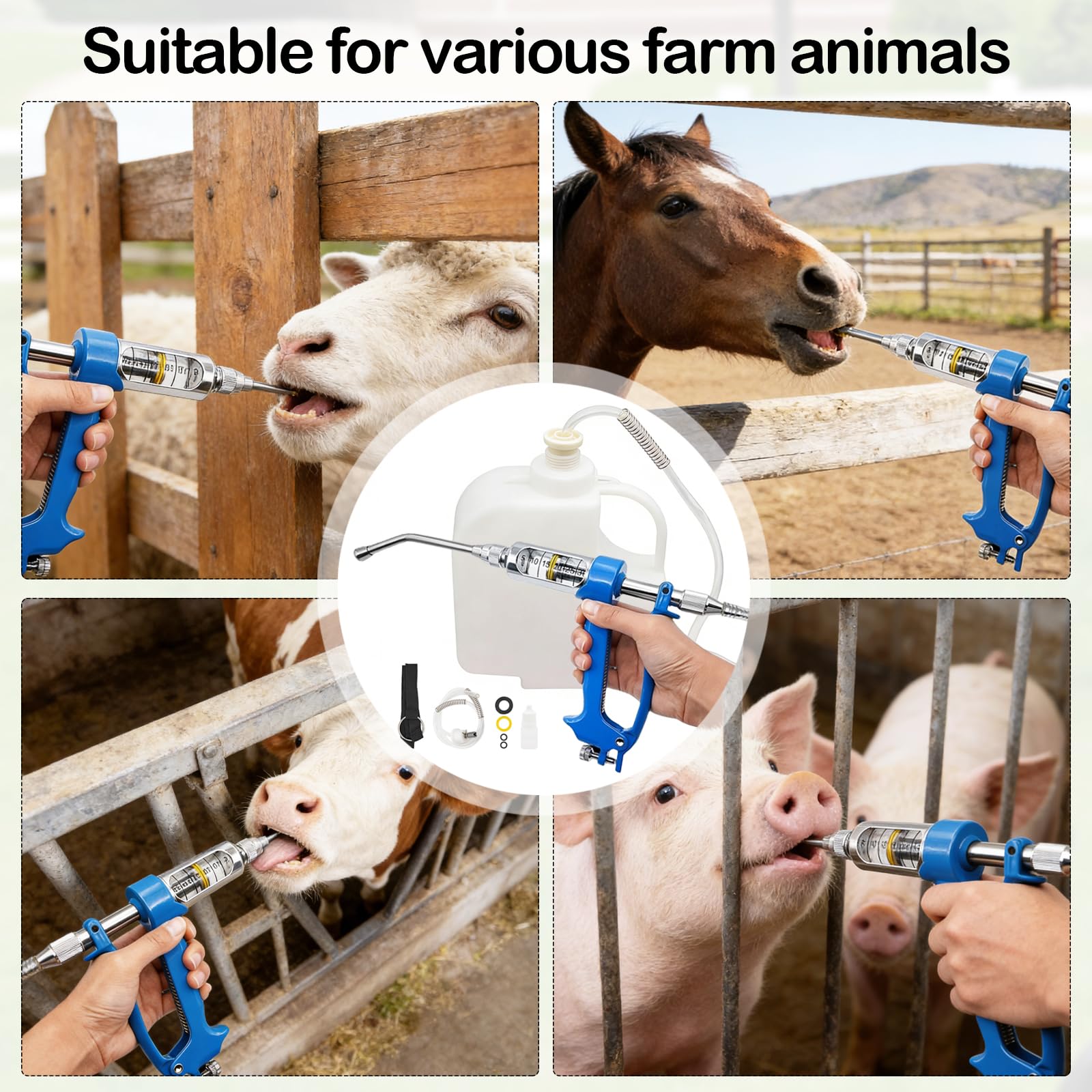 Pistola de Drench Veterinaria de Metal, Dosificación Oral 5-30 ml Ajustable Depósito 2500 ml Boquilla Acero Inoxidable Mango Antideslizante Para Vacas Cerdos Ovejas