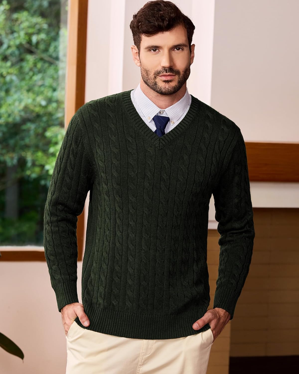 Kallspin Mens V Neck Sweater Wool Blend Cable Knit Pullover Long Sleeve Casual Business Winter Fall Knitwear - Image 7