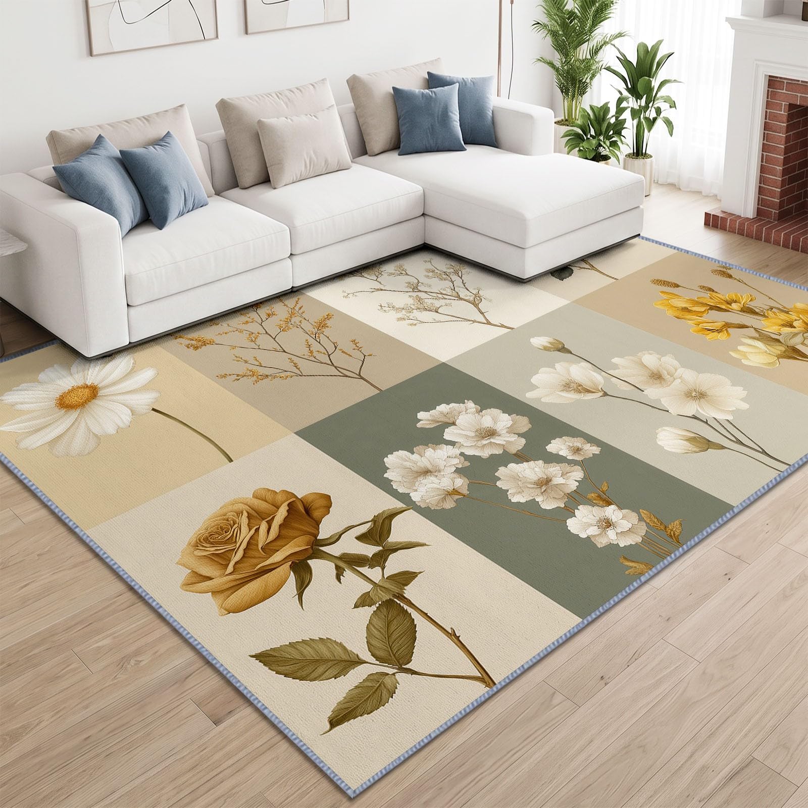 Tappeto per soggiorno, lavabile, 80 x 150 cm, con graziosi fiori e foglie verdi, soffice, antiscivolo, facile da pulire, per soggiorno, camera da letto, sala da pranzo e cameretta dei bambini