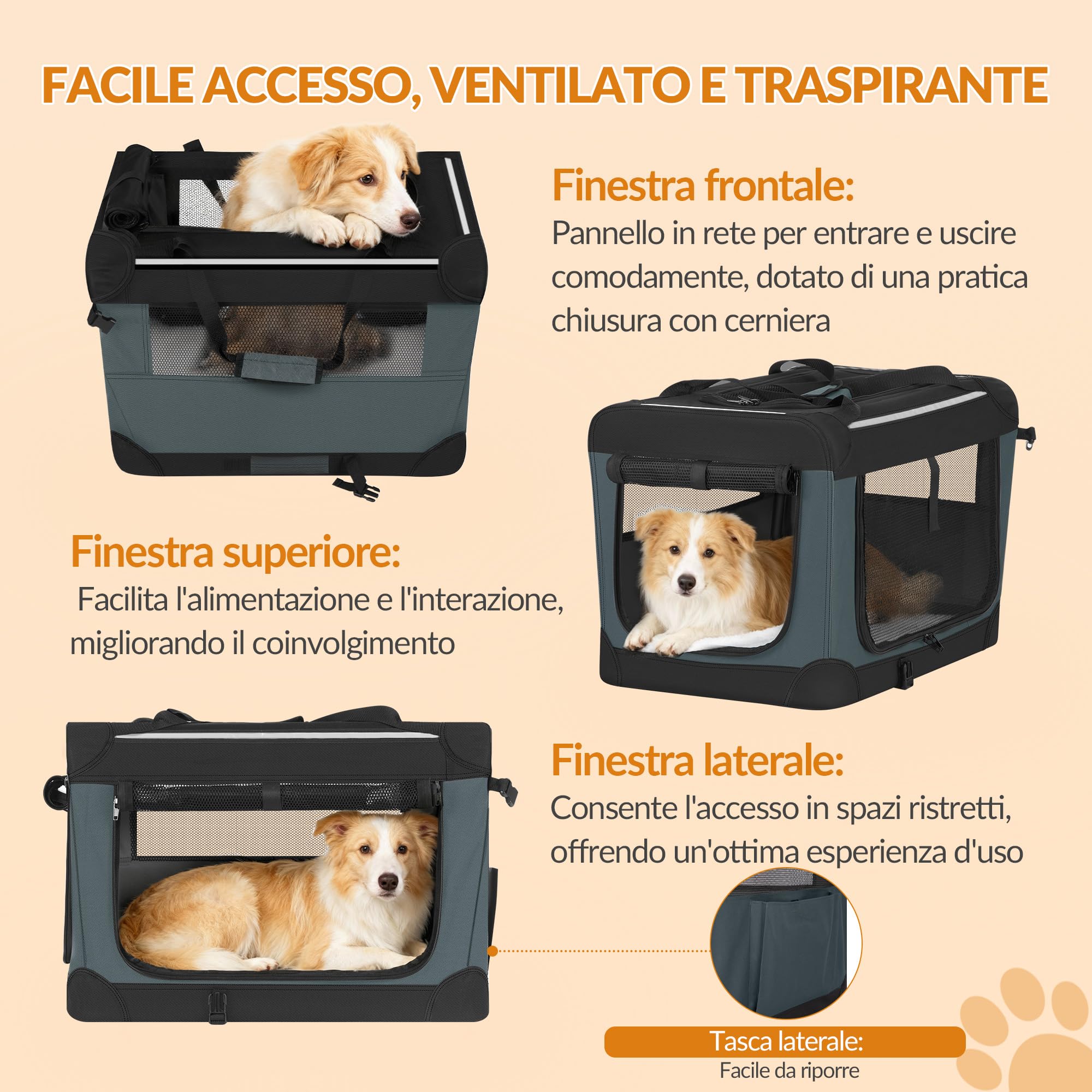 Trasportino Pieghevole per Cani, Trasportino da Viaggio Portatile e Traspirante a 3 Porte con Rifiniture Riflettenti e Tasca Laterale, Uso Interno ed Esterno, Grigio, 60 x 42 x 42 cm