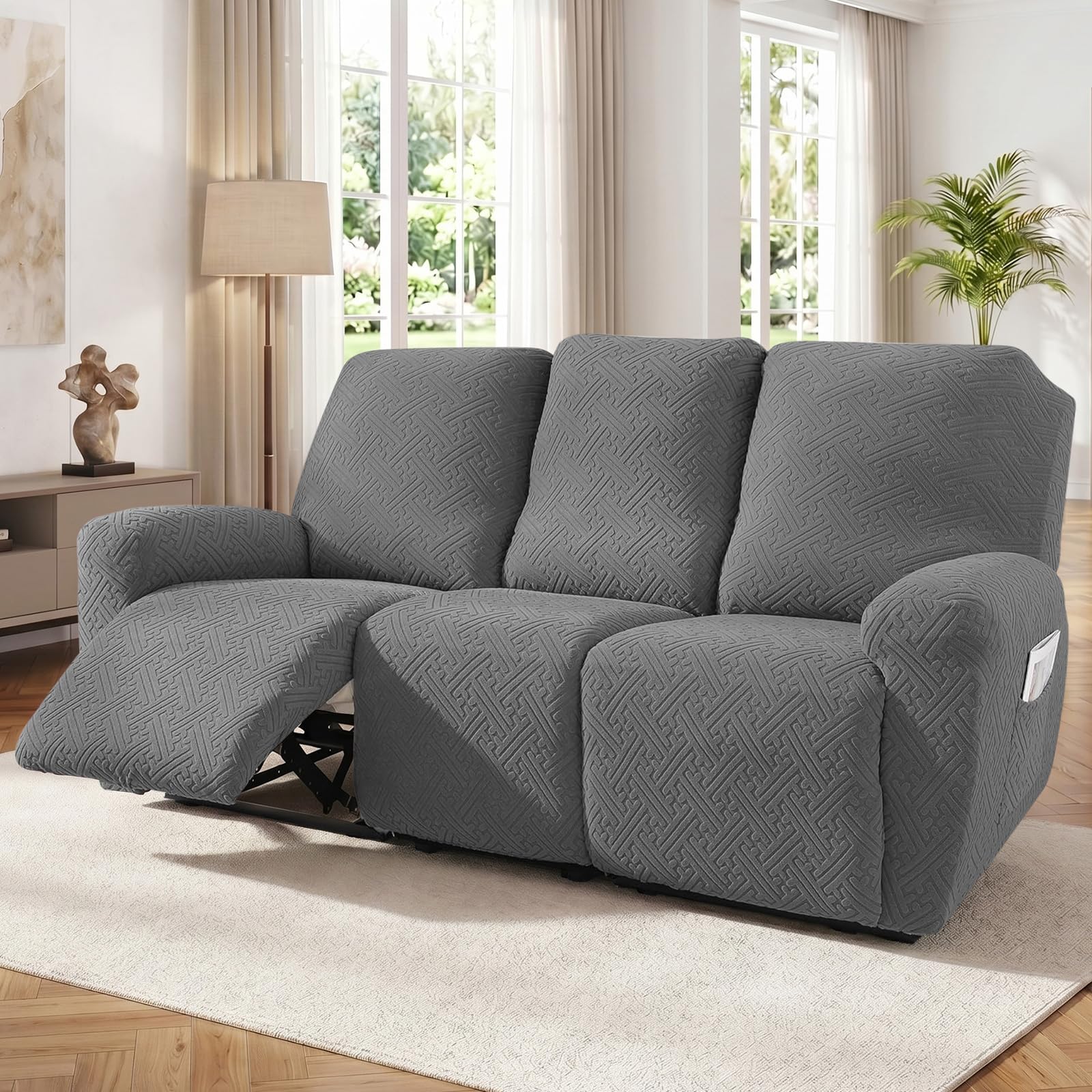 OKYUK Recliner Chair Cover, Stretch Slipcover for Reclining Chairs, Soft Furniture Protector for Dogs & Cats, Machine Washable (Light Gray A, 3 Seater)
